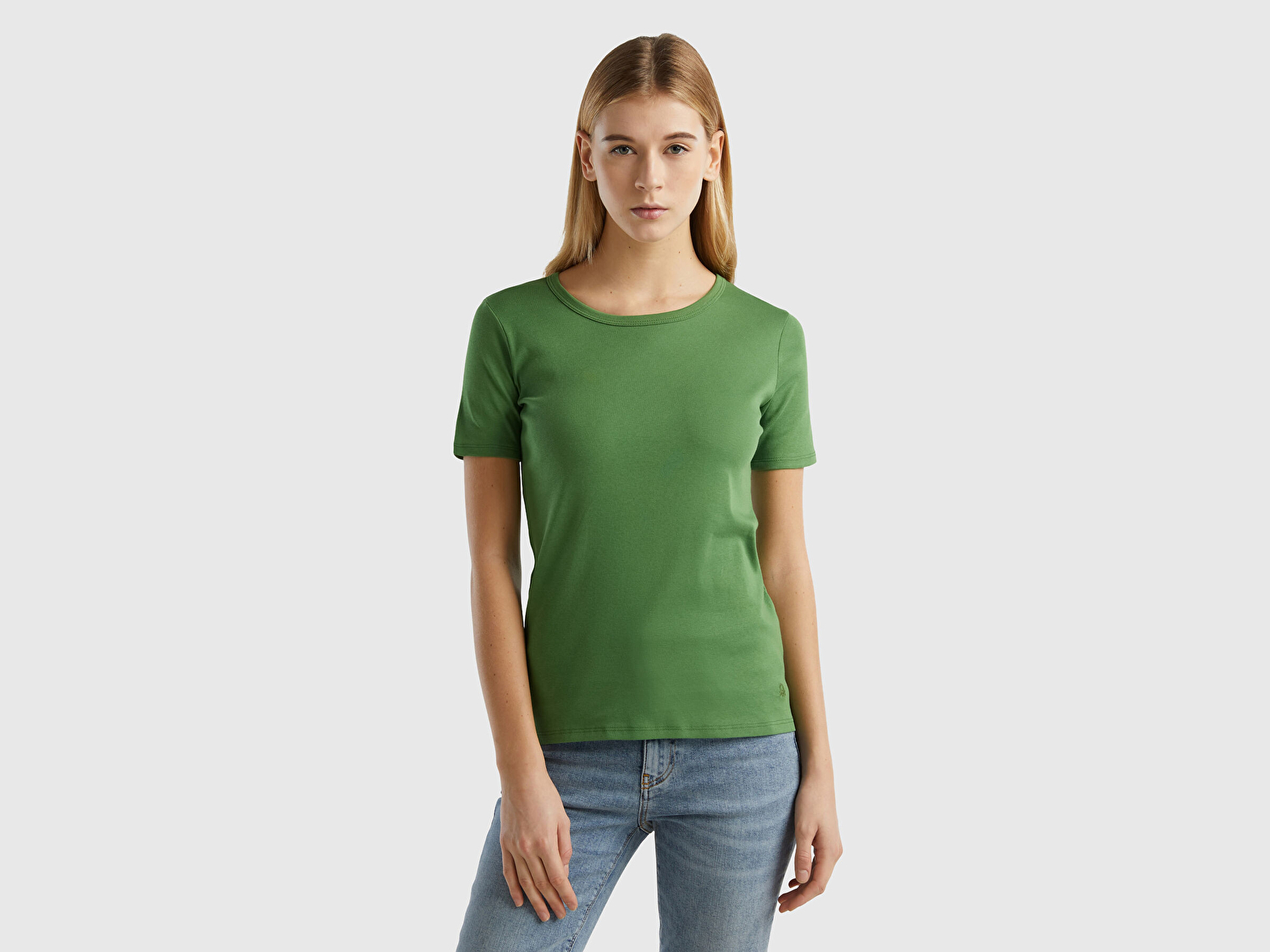 Benetton Kadın Soluk Yeşil %100 Koton Basic Kısa Kollu Bisiklet Yaka T-Shirt