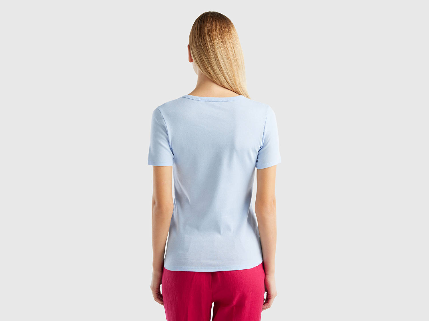 Benetton Kadın Açık Mavi %100 Koton Basic Kısa Kollu Bisiklet Yaka T-Shirt