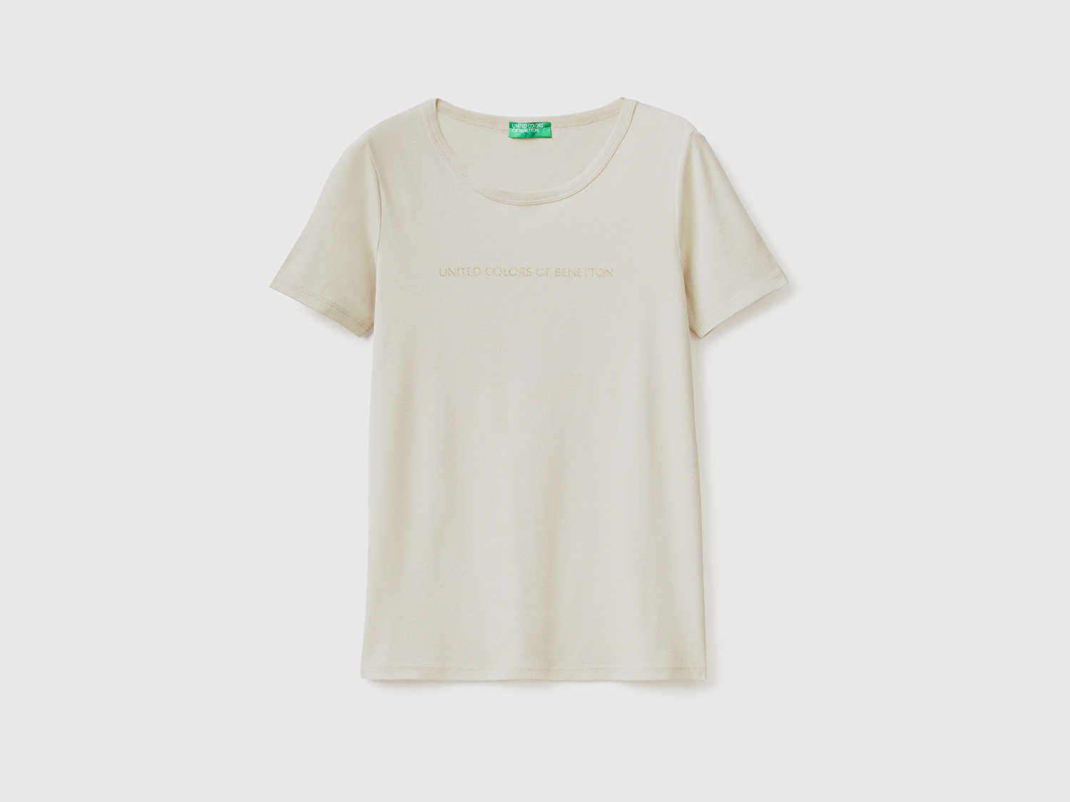Benetton Kadın Bej %100 Koton Benetton Yazılı Basic T-Shirt