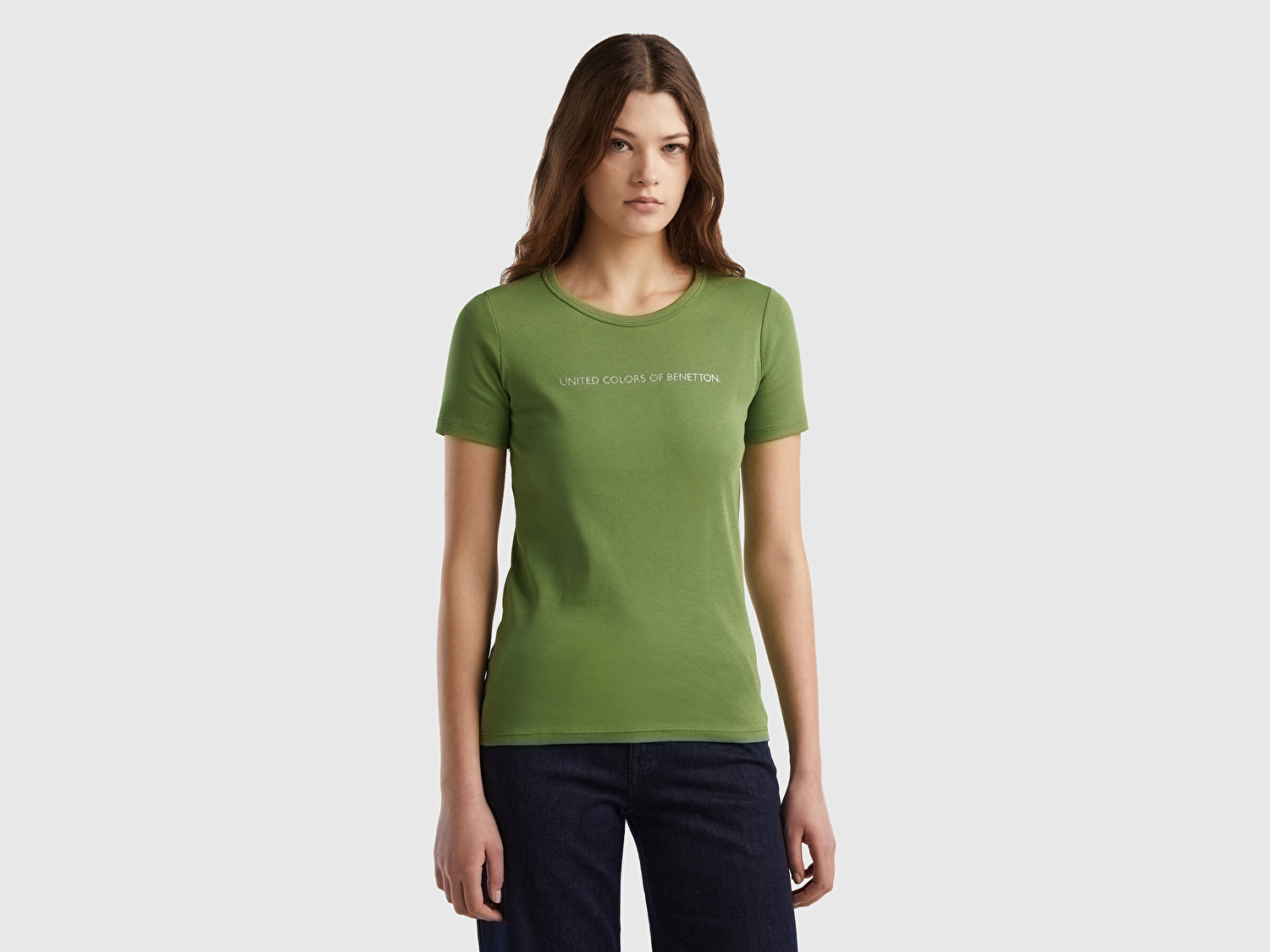Benetton Kadın Soluk Yeşil %100 Koton Benetton Yazılı Basic T-Shirt