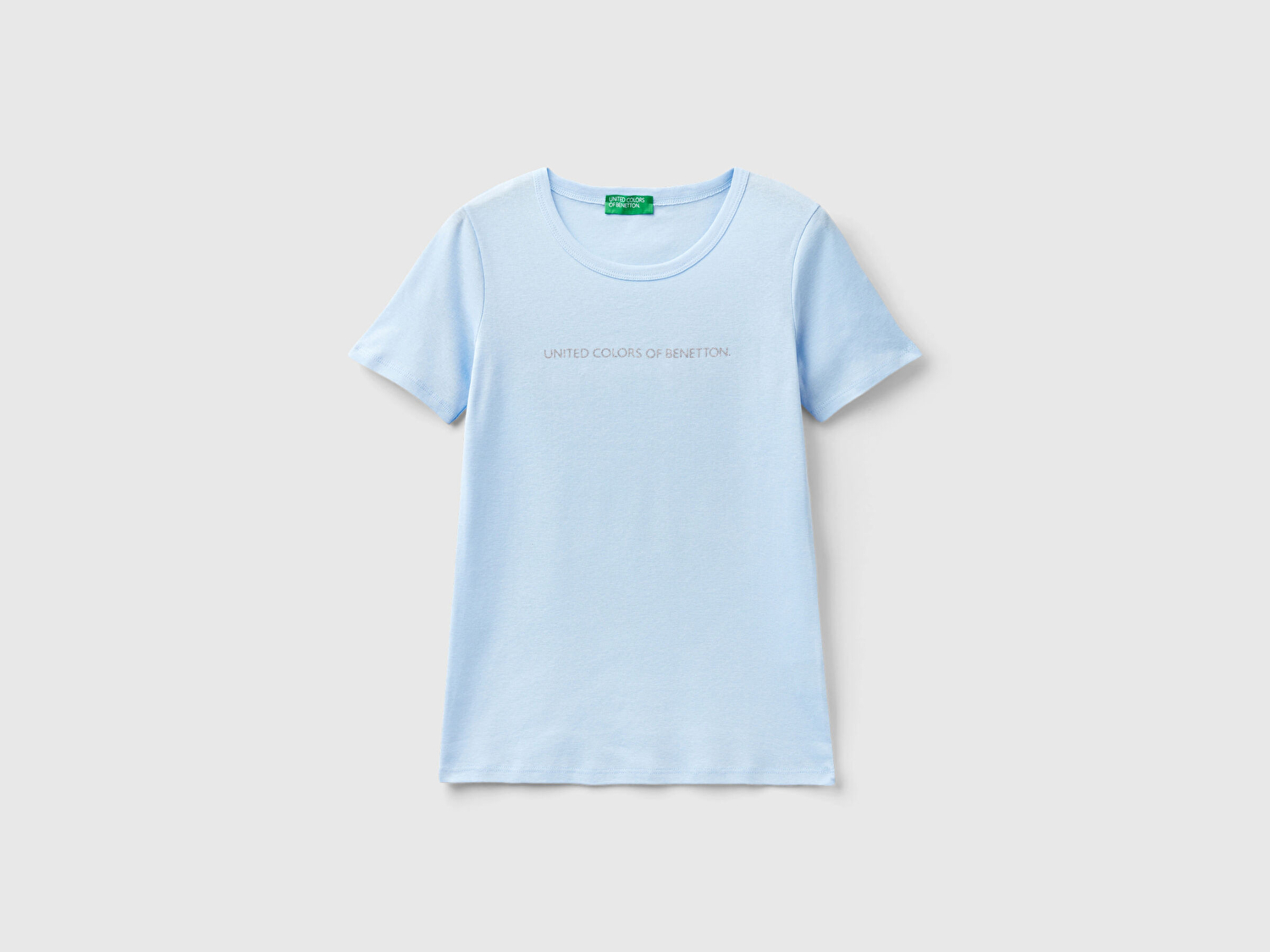 Benetton Kadın Açık Mavi %100 Koton Benetton Yazılı Basic T-Shirt