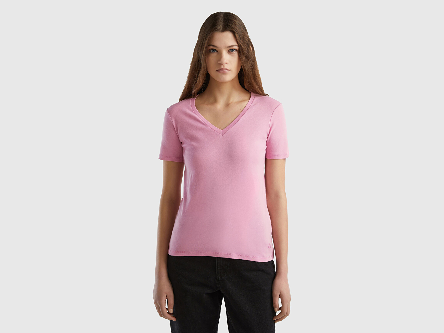 Benetton Kadın Açık Pembe %100 Pamuk V Yaka Basic T-Shirt