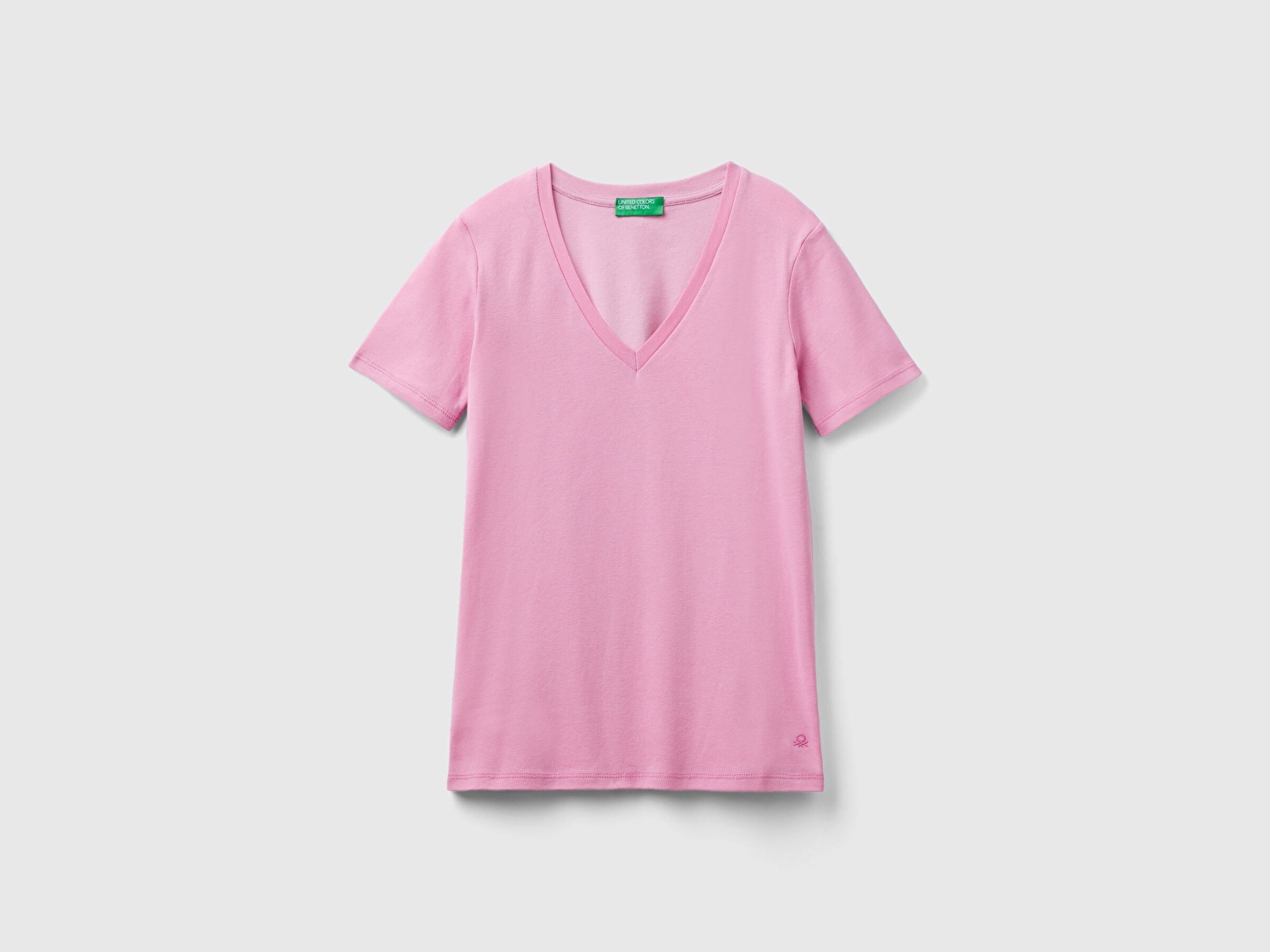 Benetton Kadın Açık Pembe %100 Pamuk V Yaka Basic T-Shirt