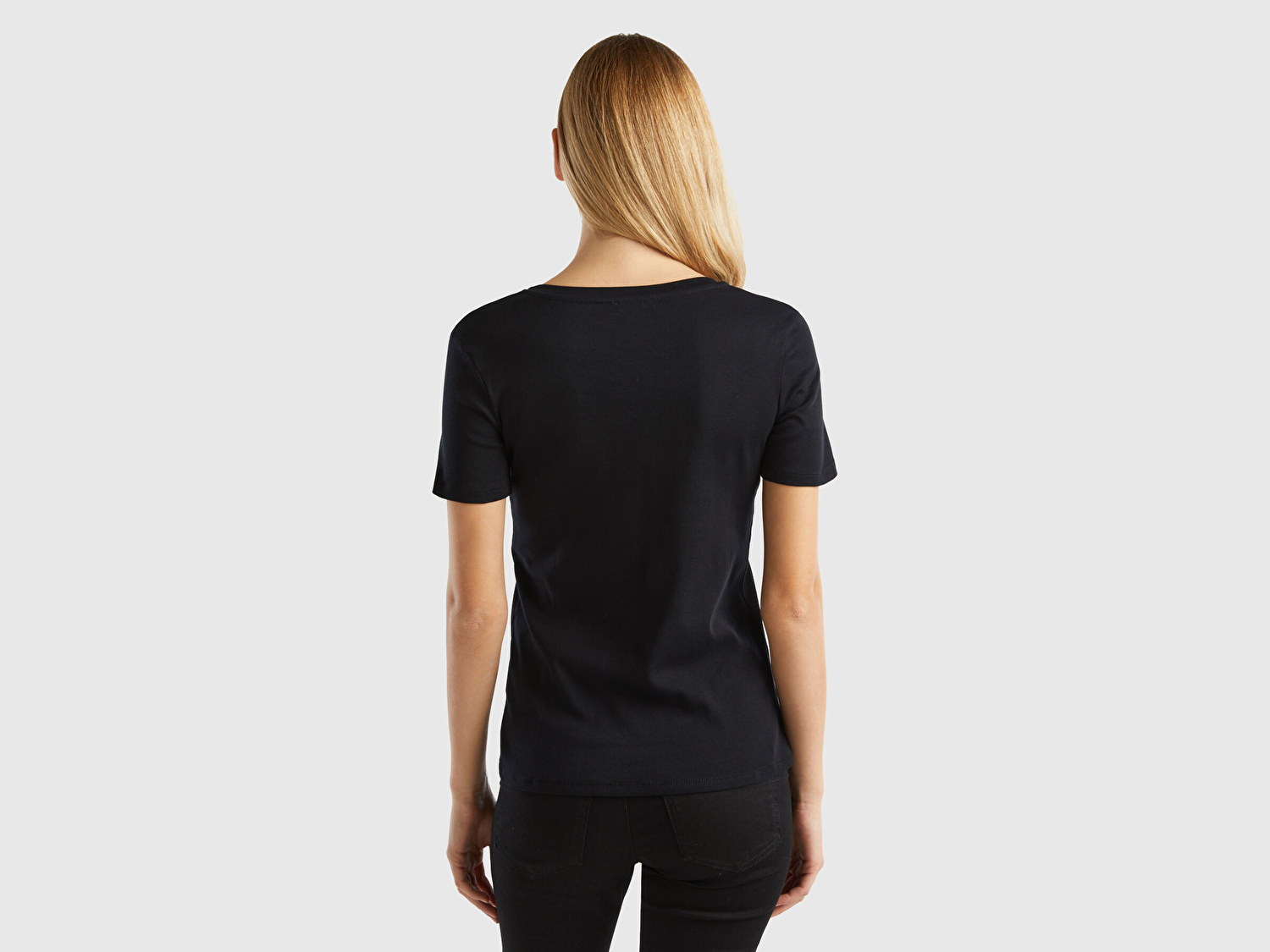 Benetton Kadın Siyah %100 Pamuk V Yaka Basic T-Shirt