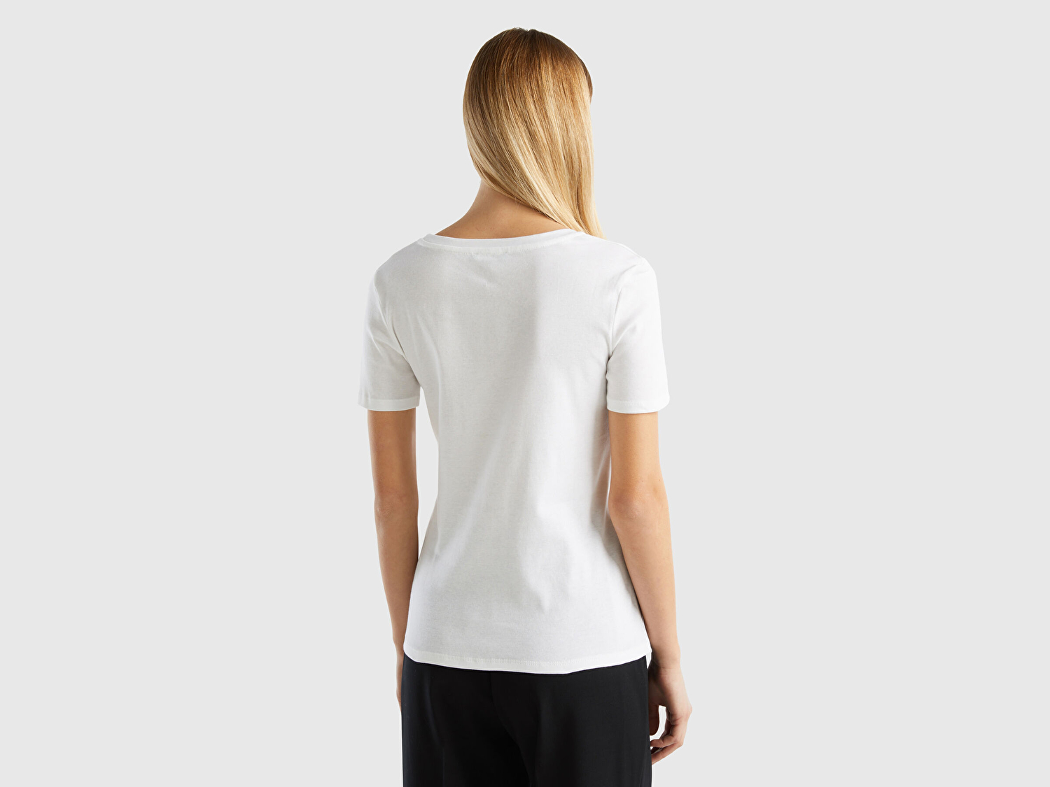 Benetton Kadın Beyaz %100 Pamuk V Yaka Basic T-Shirt