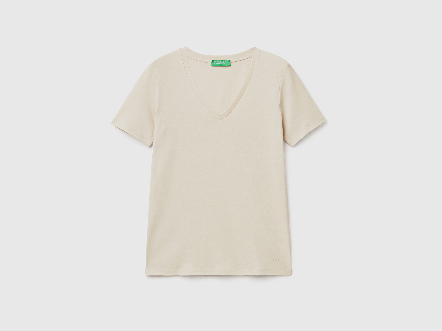 Benetton Kadın Bej %100 Pamuk V Yaka Basic T-Shirt