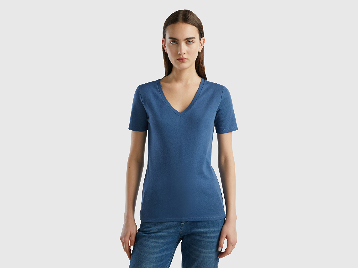 Benetton Kadın Gece Mavisi %100 Pamuk V Yaka Basic T-Shirt