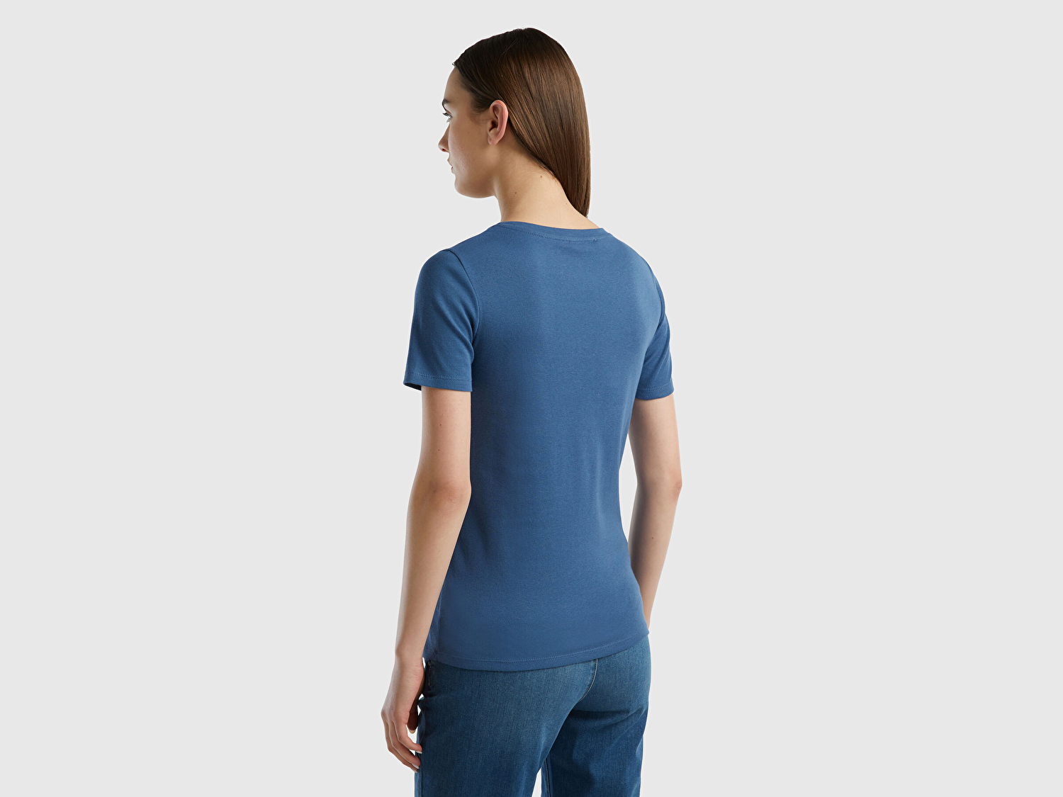 Benetton Kadın Gece Mavisi %100 Pamuk V Yaka Basic T-Shirt