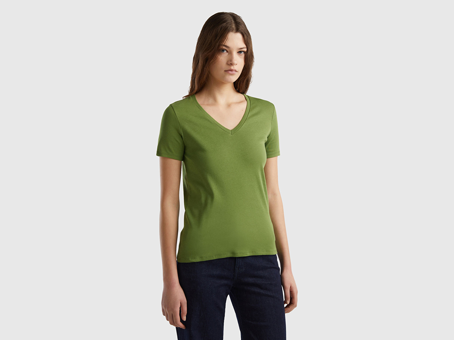 Benetton Kadın Soluk Yeşil %100 Pamuk V Yaka Basic T-Shirt