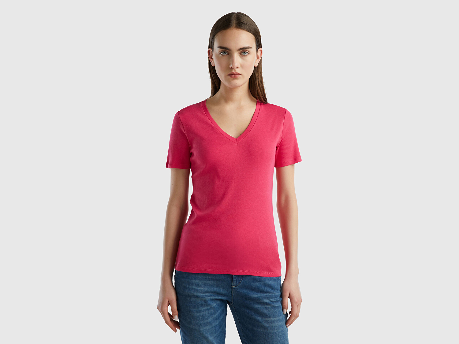 Benetton Kadın Koyu Pembe %100 Pamuk V Yaka Basic T-Shirt