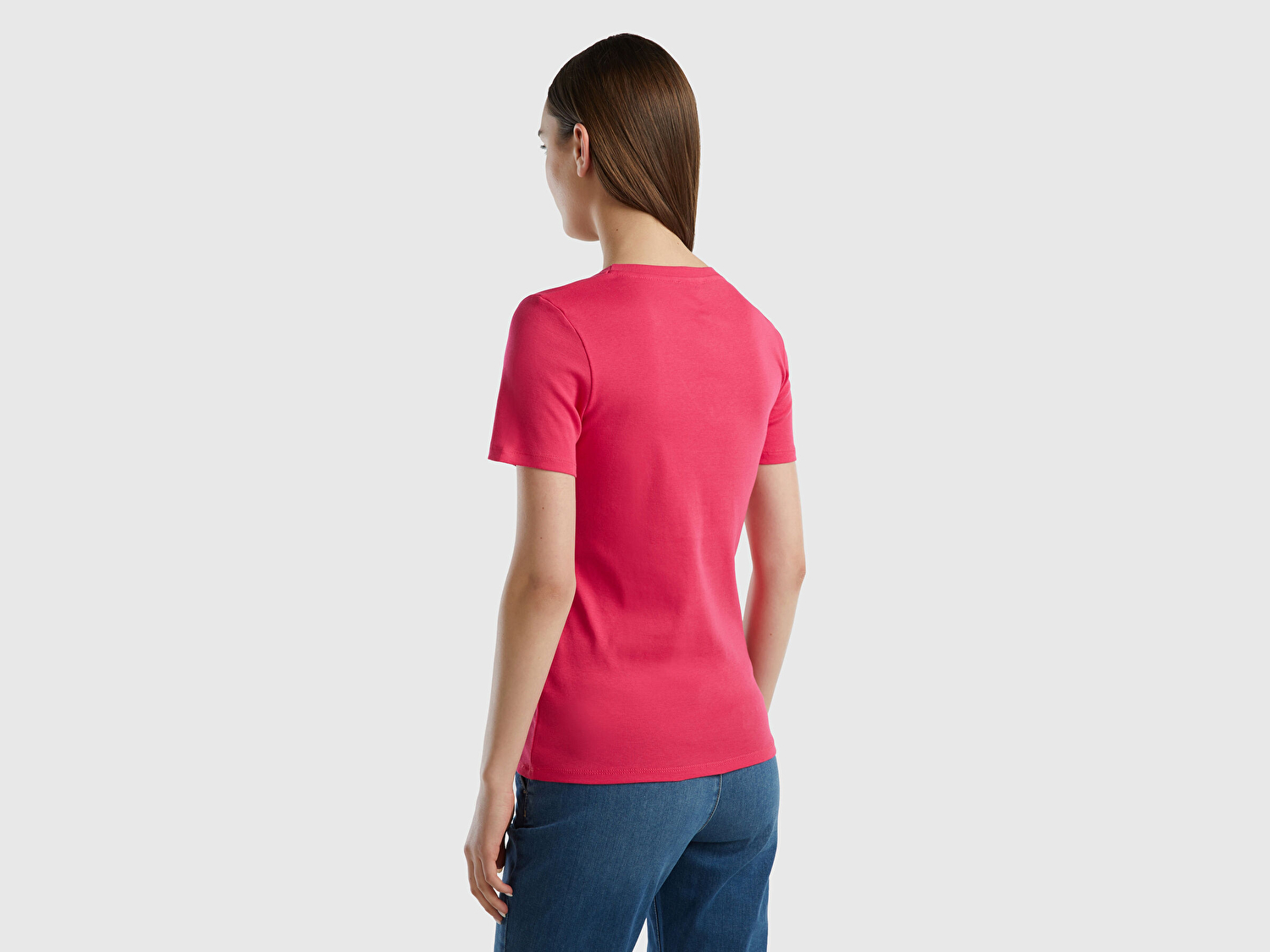 Benetton Kadın Koyu Pembe %100 Pamuk V Yaka Basic T-Shirt