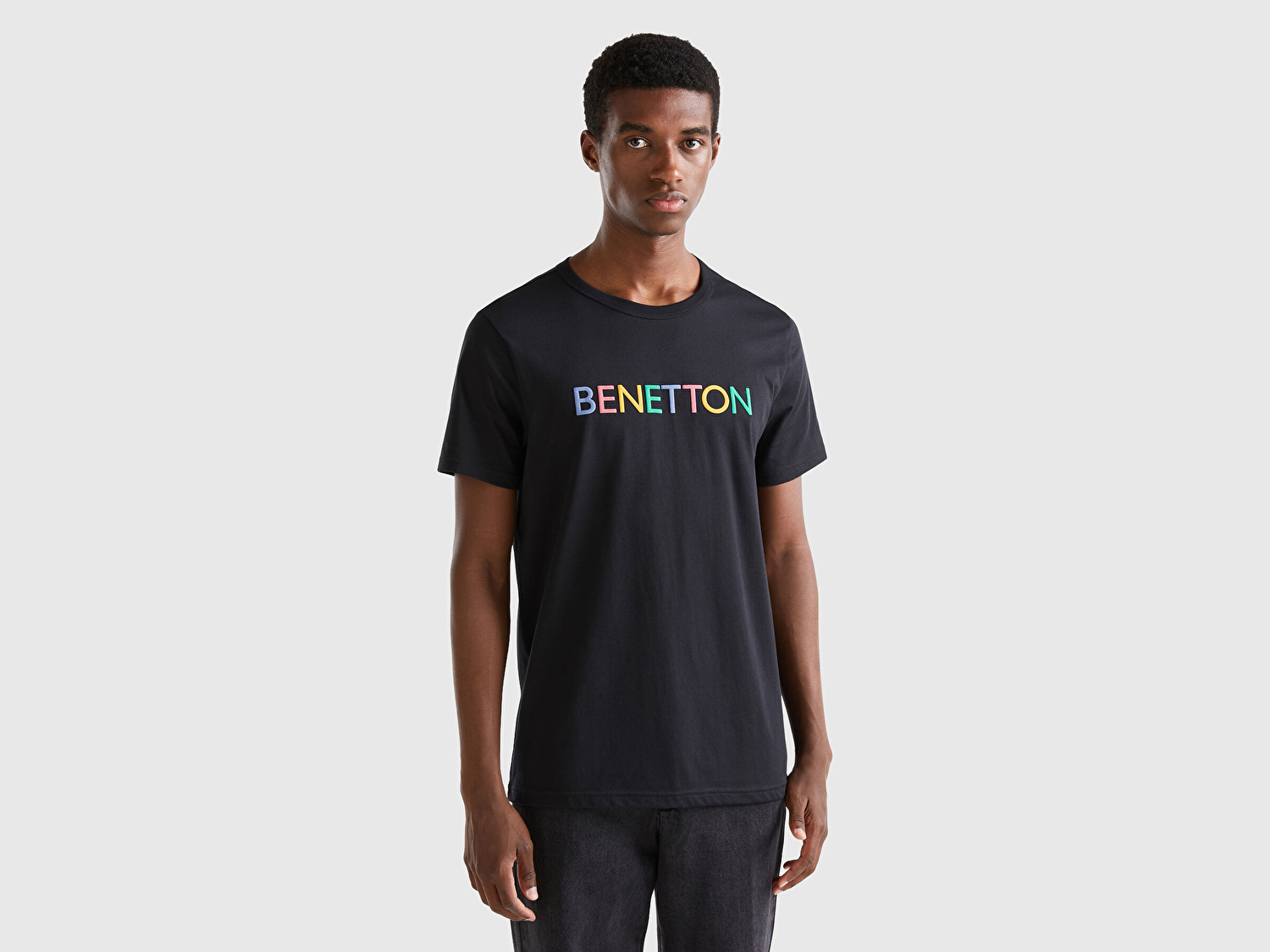 Benetton Erkek Siyah Logo Baskılı Organik Pamuklu T-Shirt