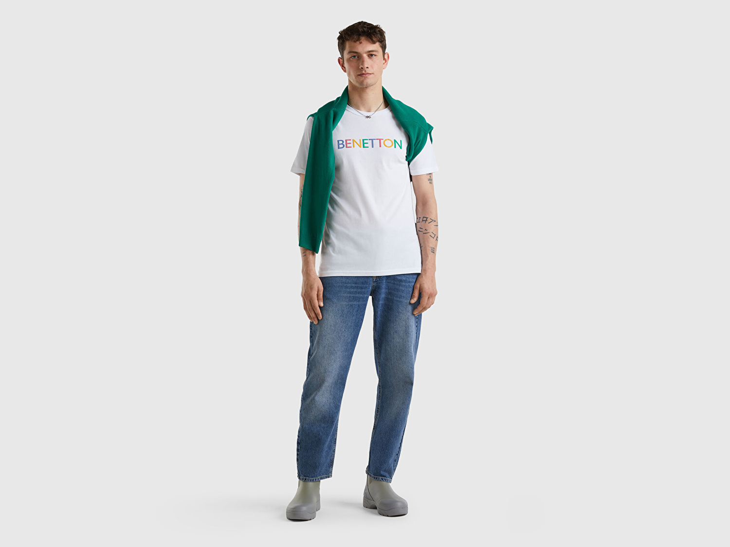 Benetton Erkek Beyaz Mıx Logo Baskılı Organik Pamuklu T-Shirt