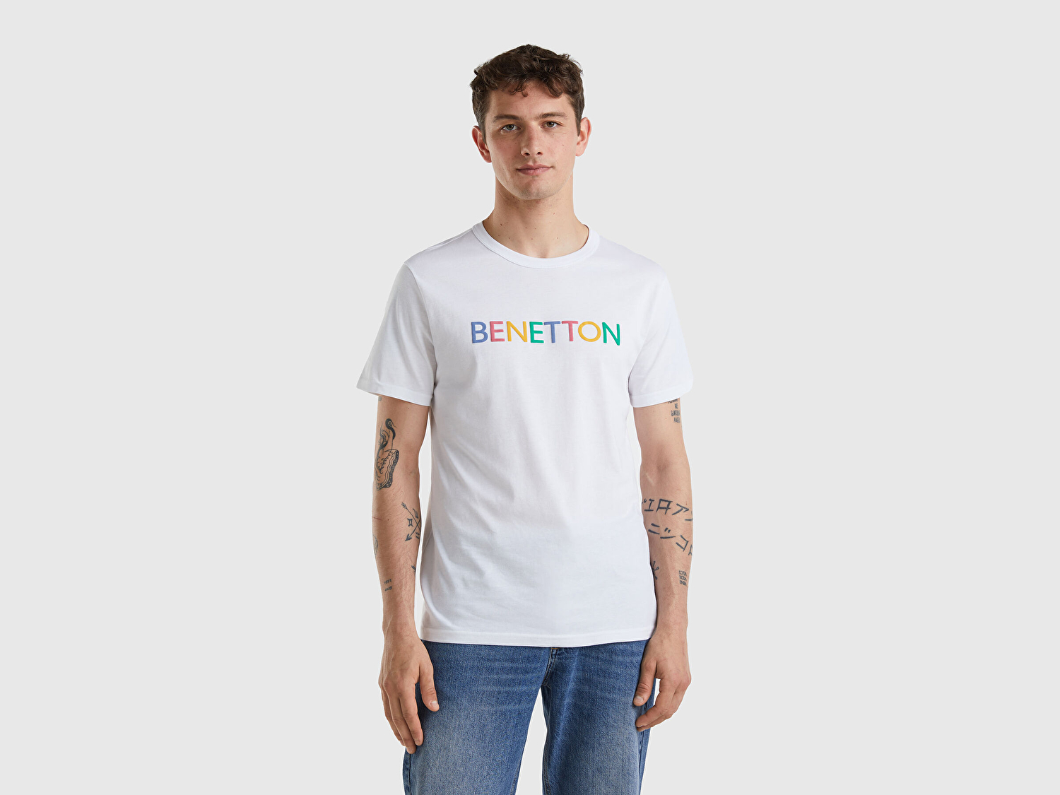 Benetton Erkek Beyaz Mıx Logo Baskılı Organik Pamuklu T-Shirt