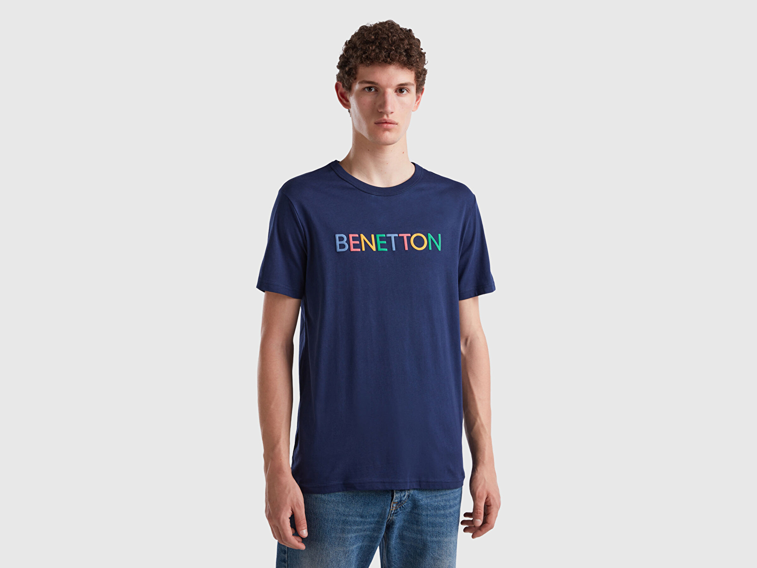 Benetton Erkek Lacivert Logo Baskılı Organik Pamuklu T-Shirt