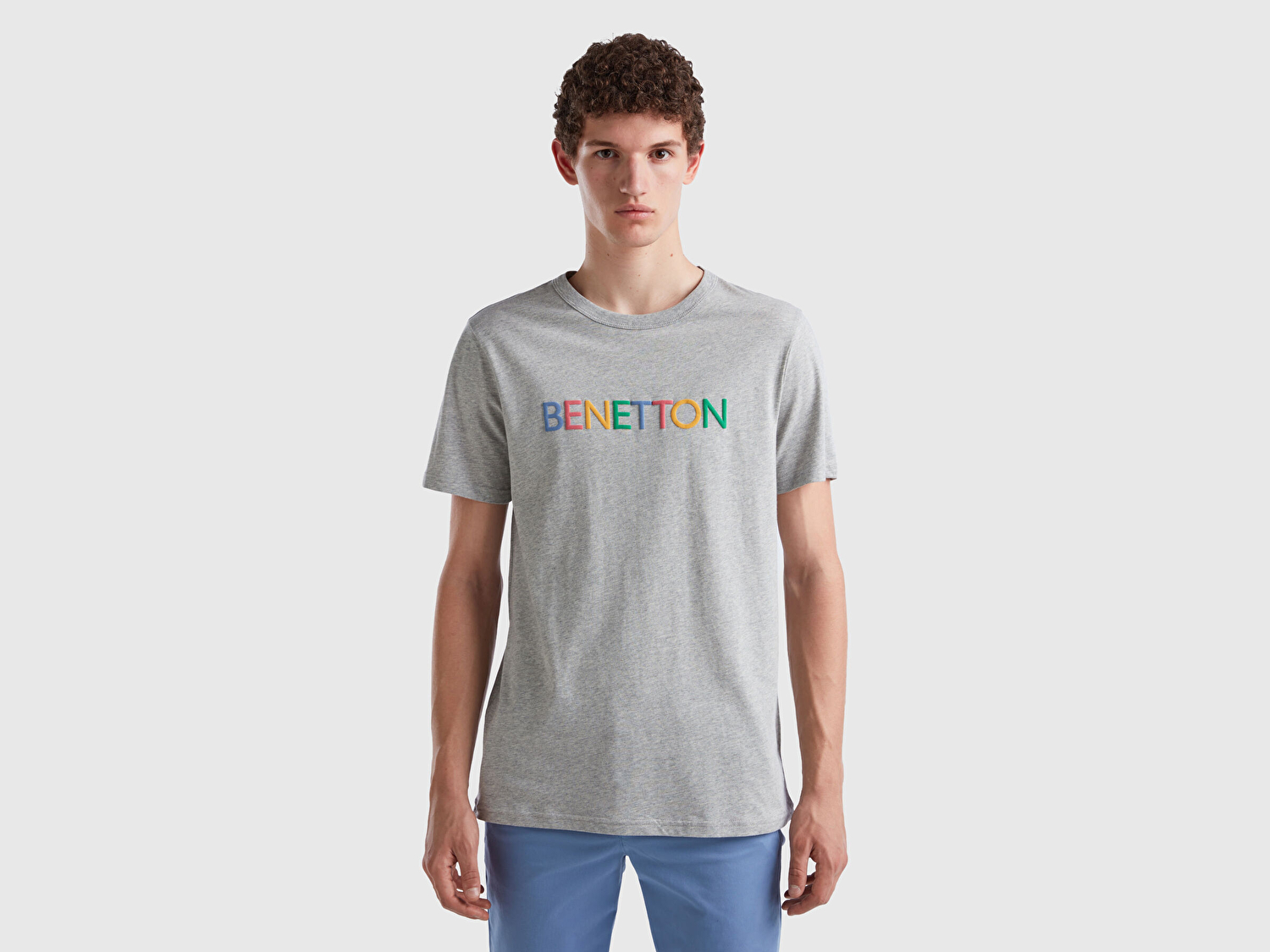 Benetton Erkek Gri Melanj Logo Baskılı Organik Pamuklu T-Shirt