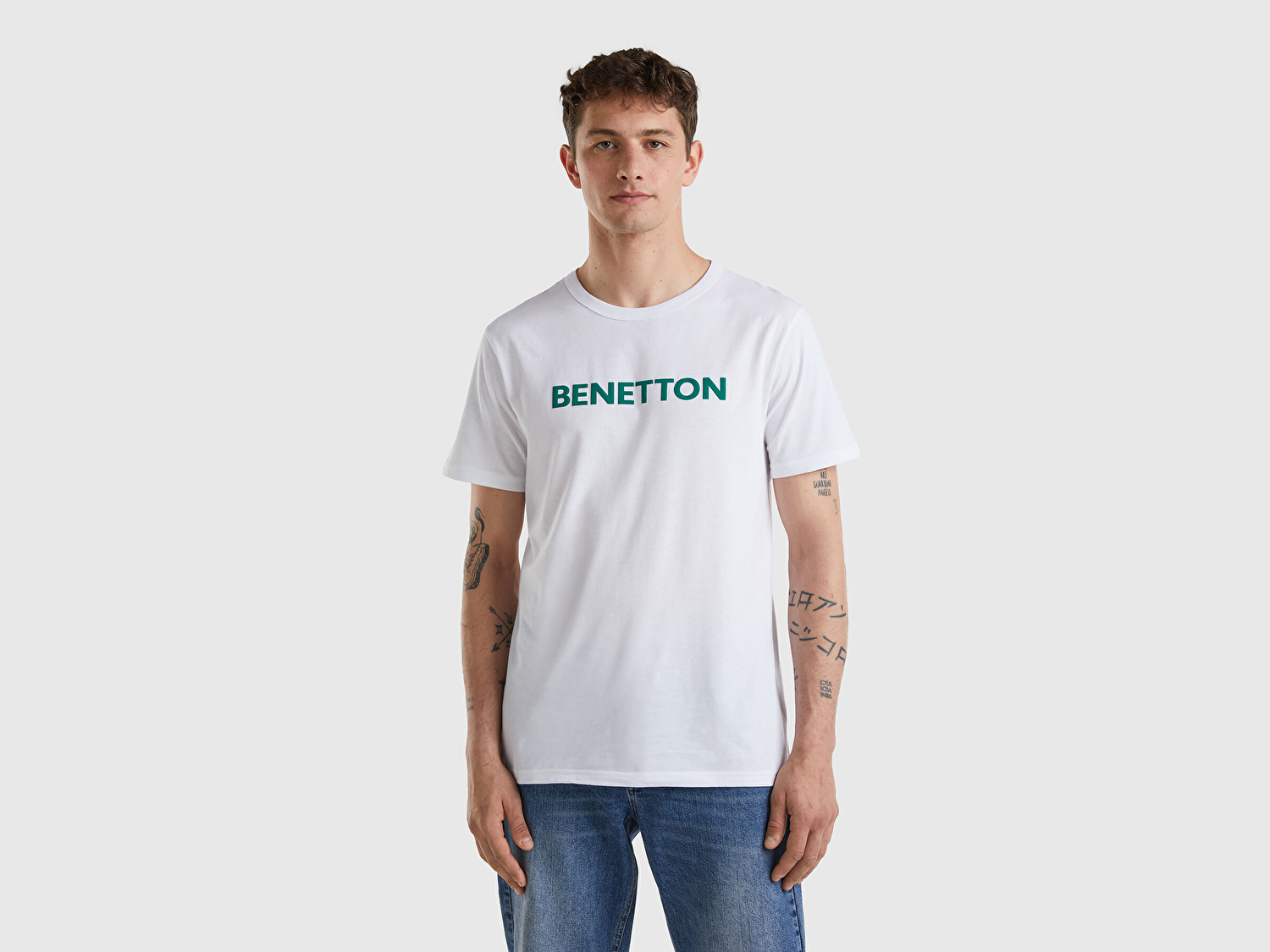 Benetton Erkek Beyaz Logo Baskılı Organik Pamuklu T-Shirt