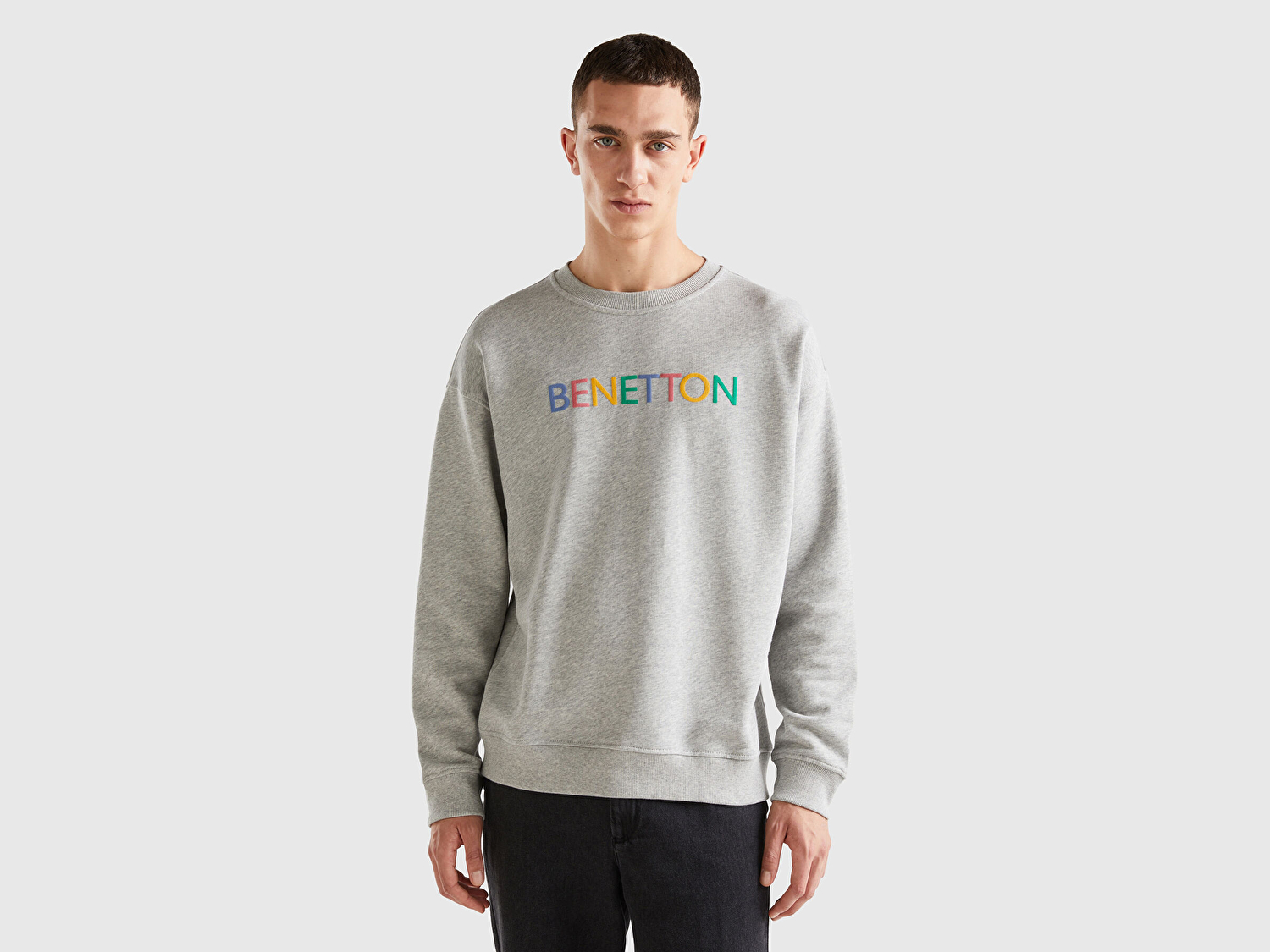 Benetton Erkek Gri Melanj Logo Baskılı Sweatshirt