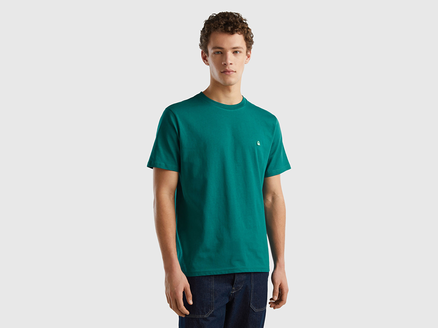 Benetton Erkek Petrol Yeşili %100 Koton Benetton Logolu Bisiklet Yaka T-Shirt
