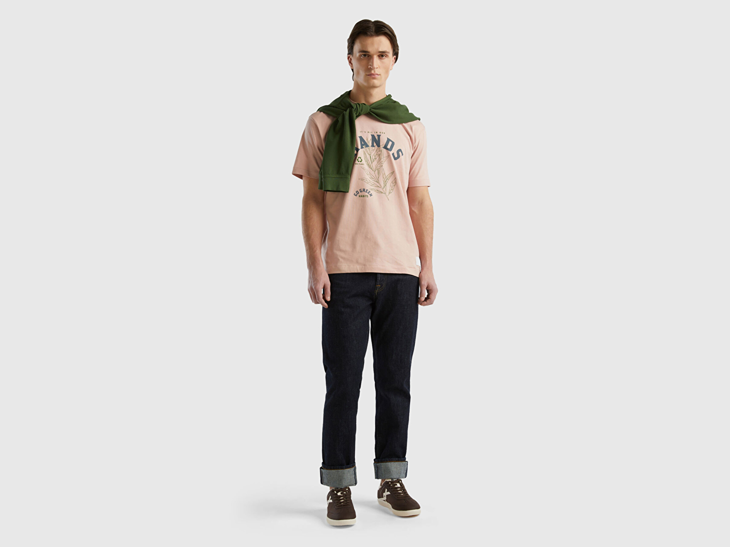 Benetton Erkek Pudra %100 Organik Koton Baskılı T-Shirt