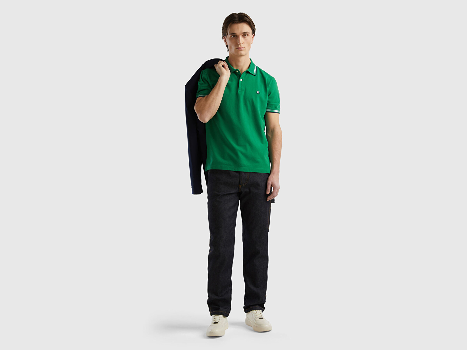 Benetton Erkek Koyu Yeşil Kol ve Yaka Ucu Çizgili Polo