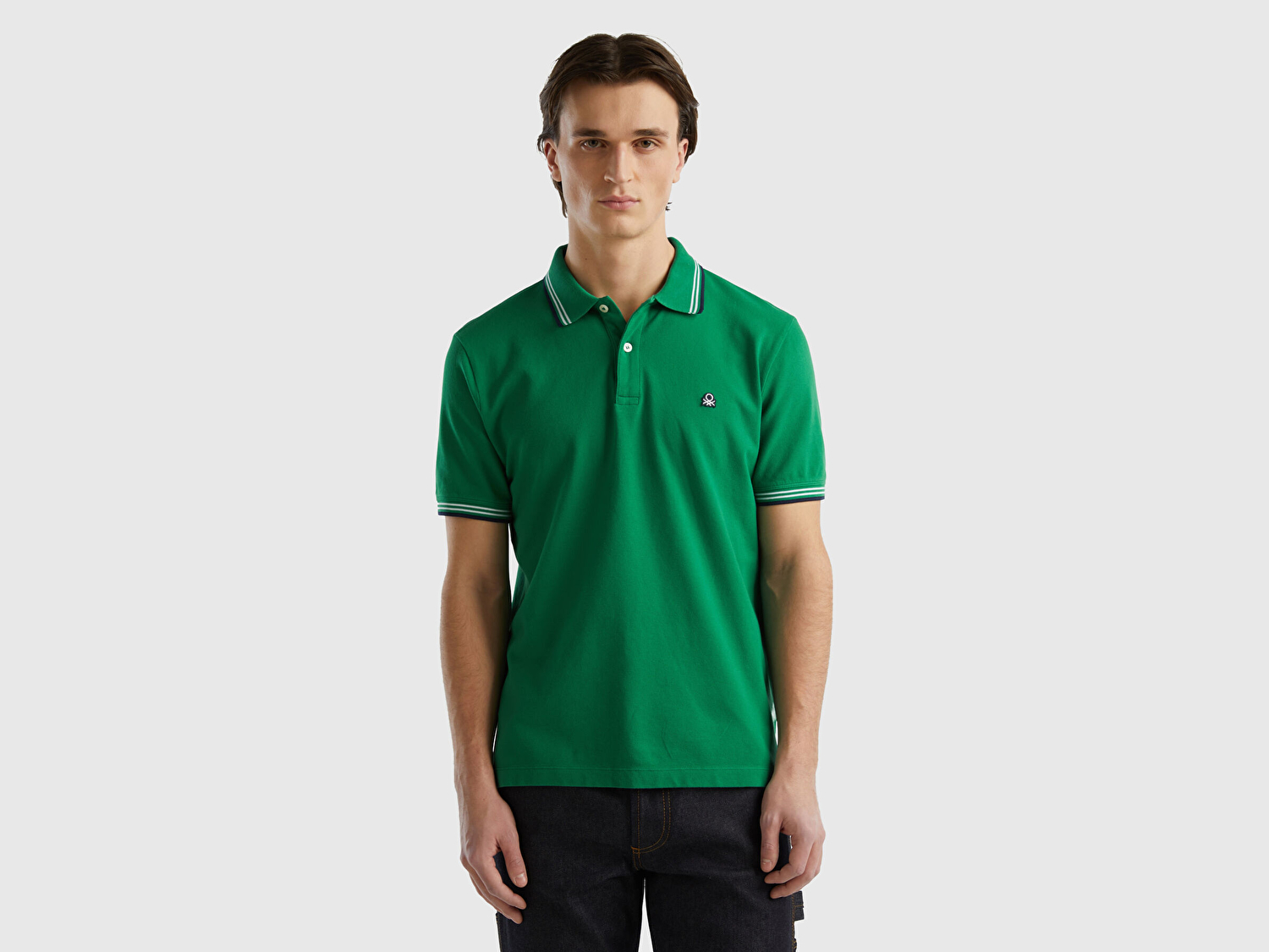 Benetton Erkek Koyu Yeşil Kol ve Yaka Ucu Çizgili Polo