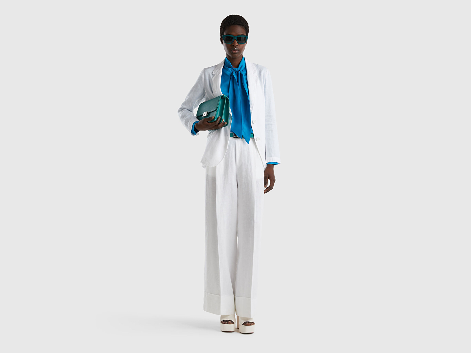 Benetton Kadın Beyaz %100 Keten Beli Lastikli Geniş Kesim Pantolon