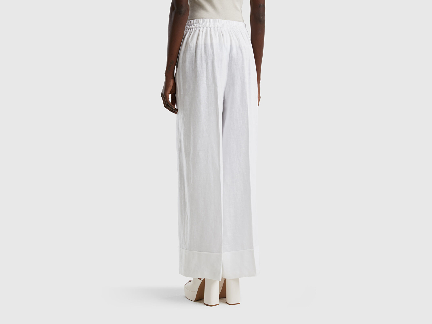 Benetton Kadın Beyaz %100 Keten Beli Lastikli Geniş Kesim Pantolon