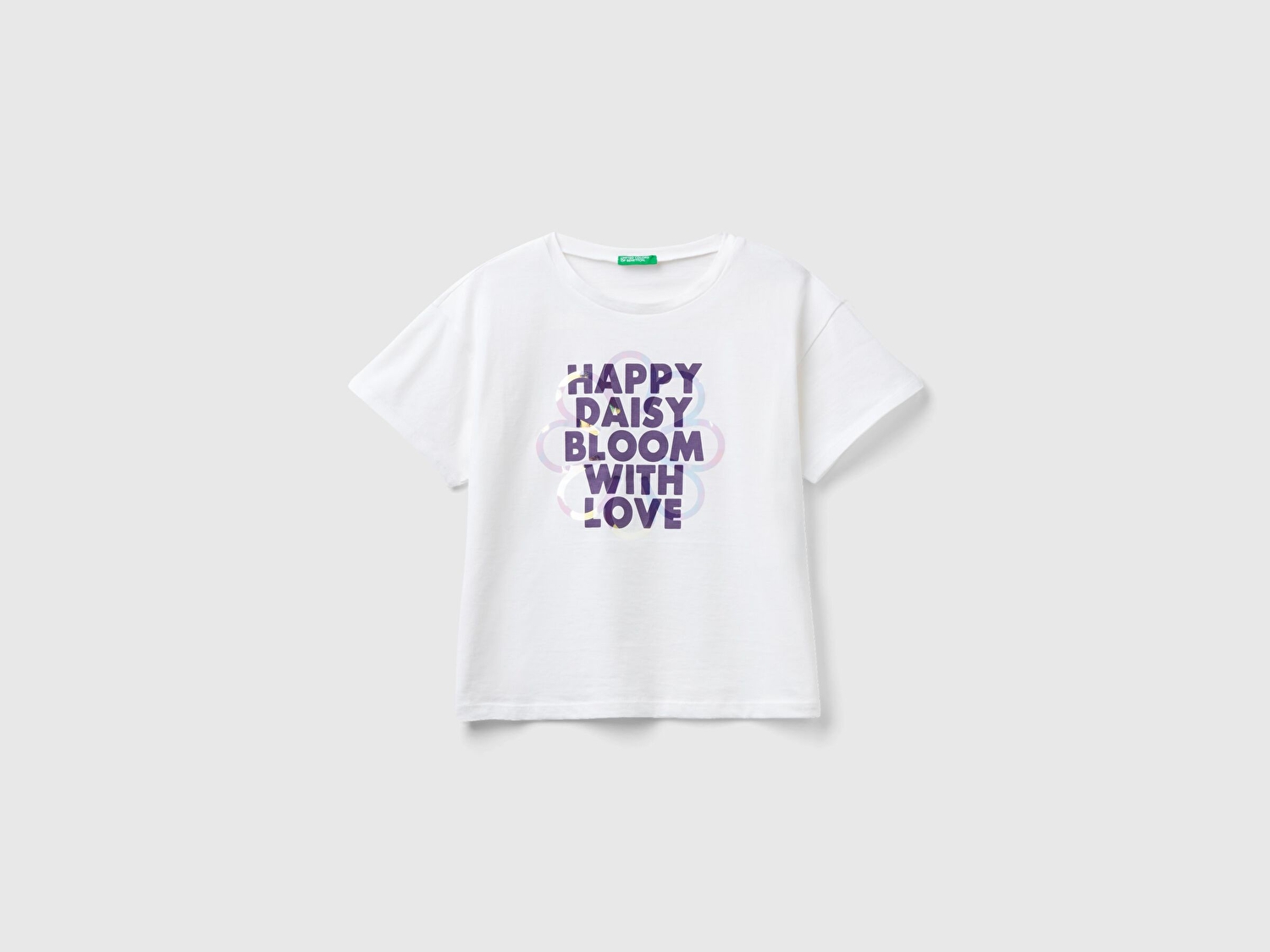 Benetton Kız Çocuk Beyaz Grafik Baskılı Yırtmaçlı Regular Fit T-Shirt