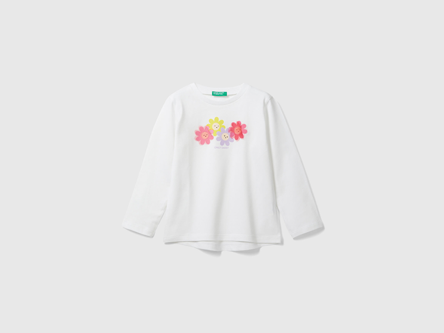 Benetton Kız Çocuk Beyaz Önü Parlak ve Çok Renkli Grafik Baskılı Uzun Kollu T-Shirt