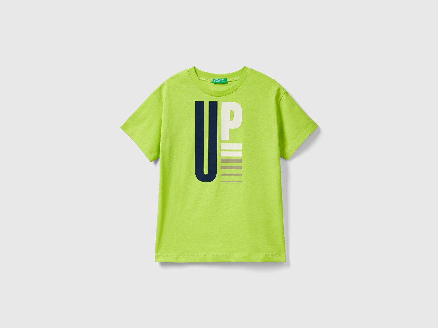 Benetton Erkek Çocuk Neon Yeşil Önü Çok Renkli Baskılı Bisiklet Yaka Regular T-Shirt