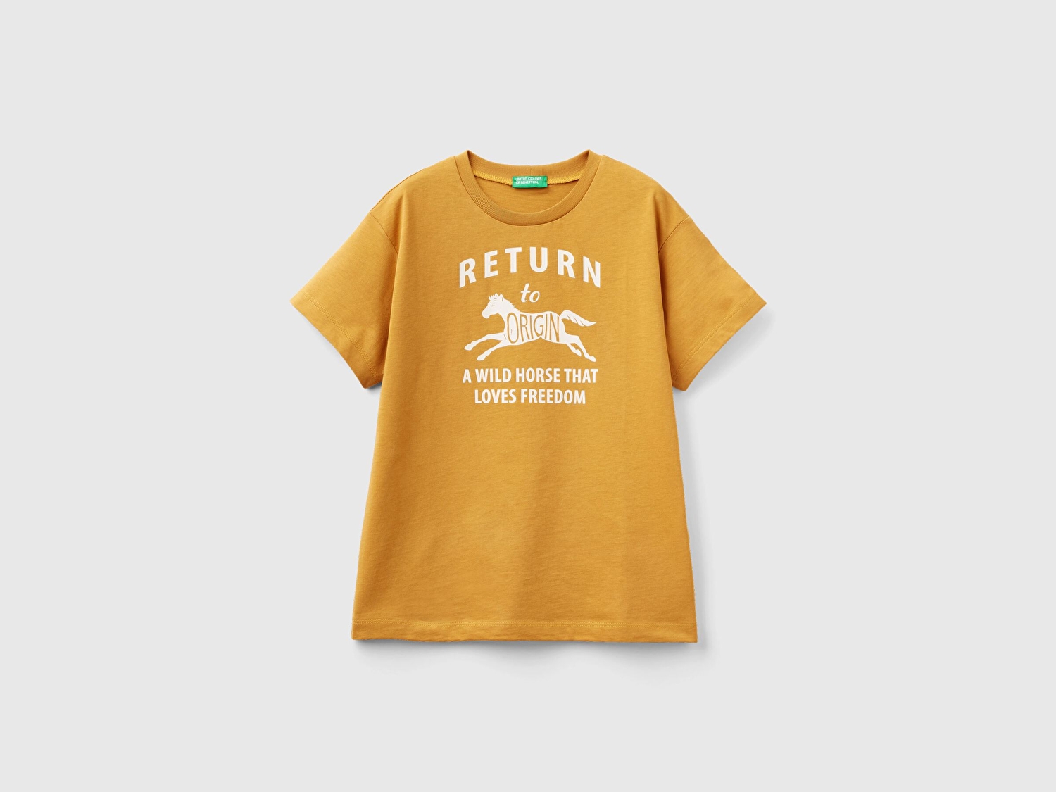 Benetton Erkek Çocuk Hardal Sarı Önü Baskılı Bisiklet Yaka Regular T-Shirt