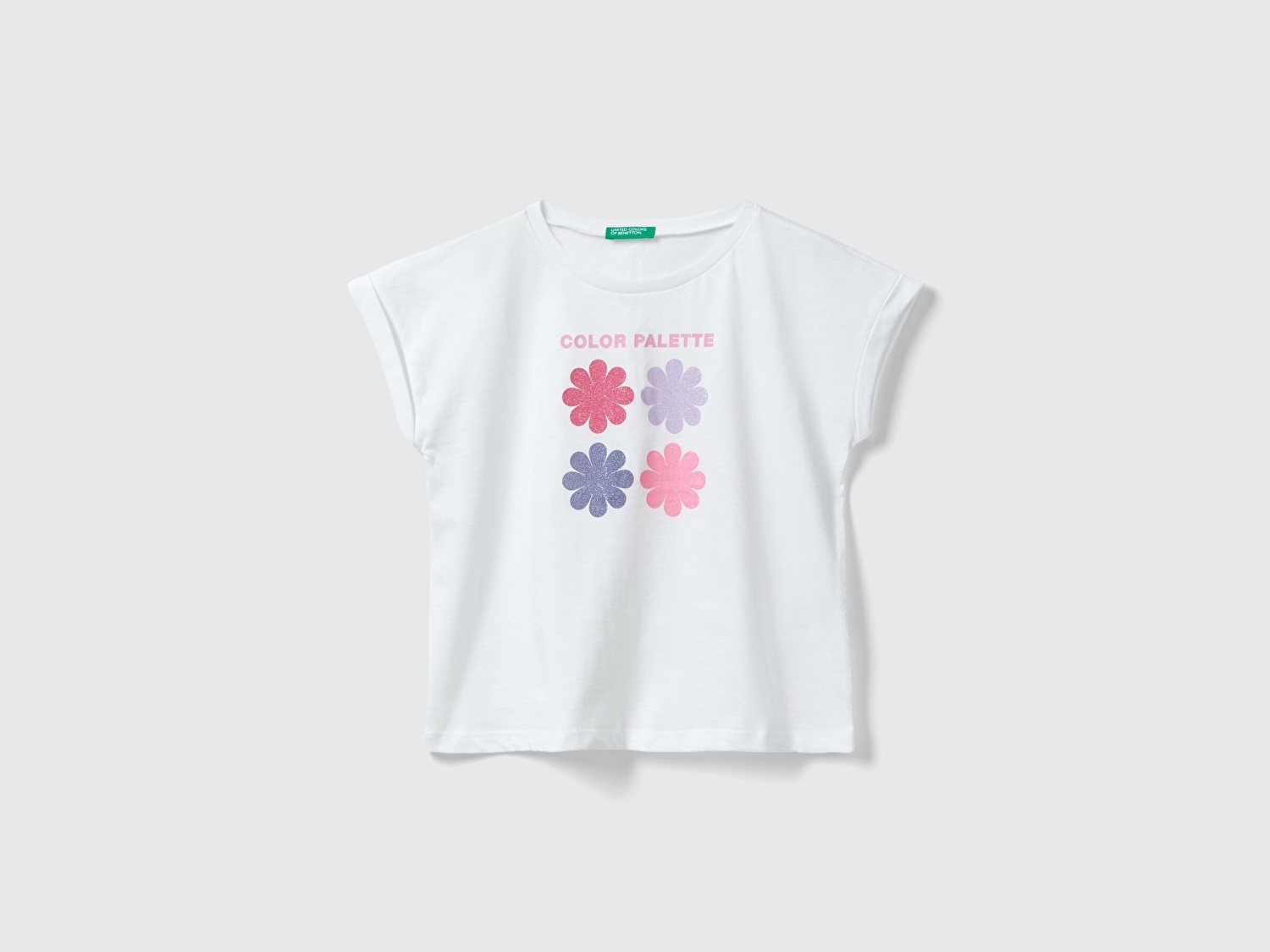 Benetton Kız Çocuk Beyaz Önü Parlak Grafik Baskılı Kıvrık Kollu Bisiklet Yaka T-Shirt