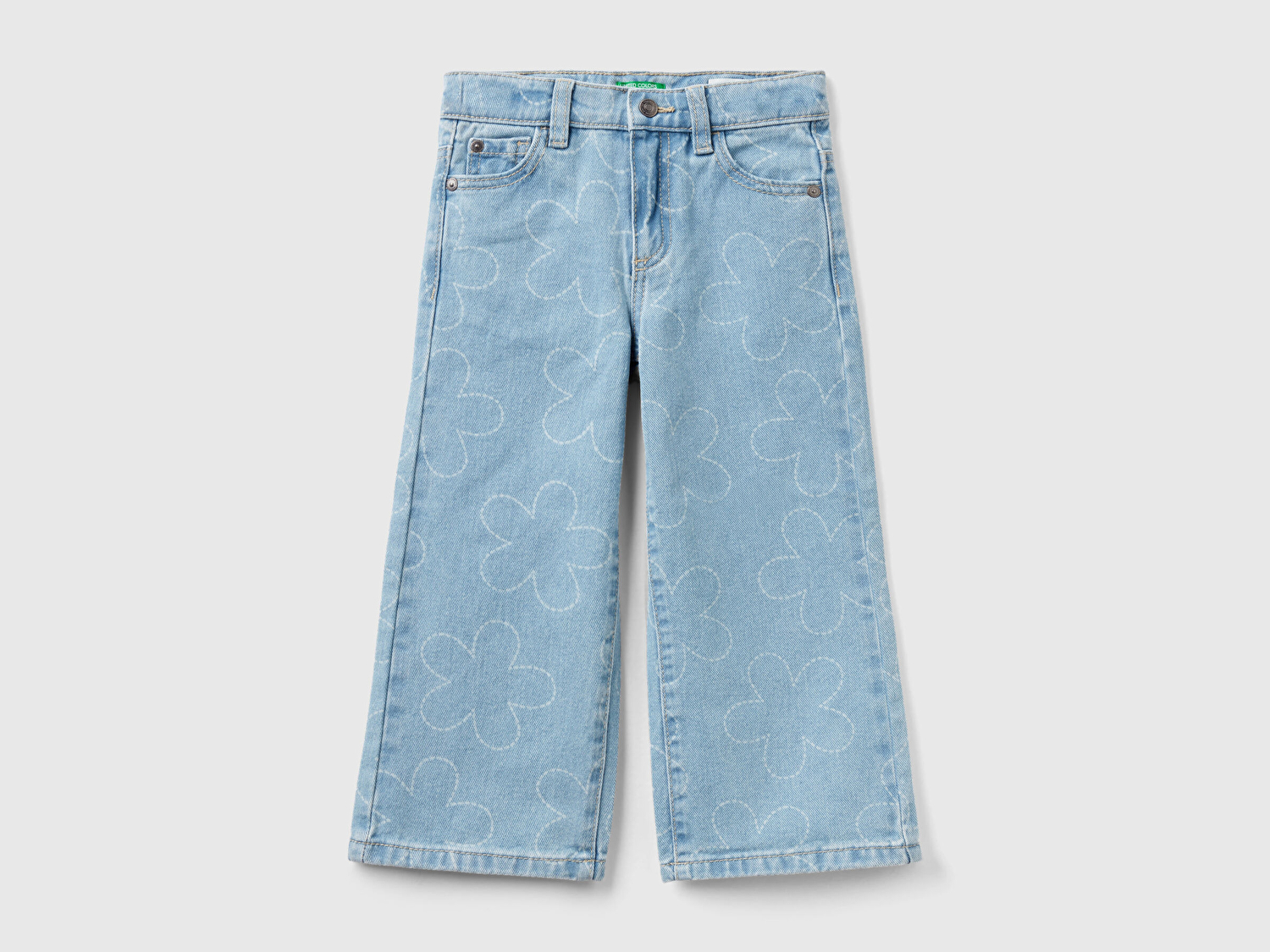 Benetton Kız Çocuk Açık Mavi Kemer Delikli Çiçek Baskılı Geniş Paça Denim Pantolon