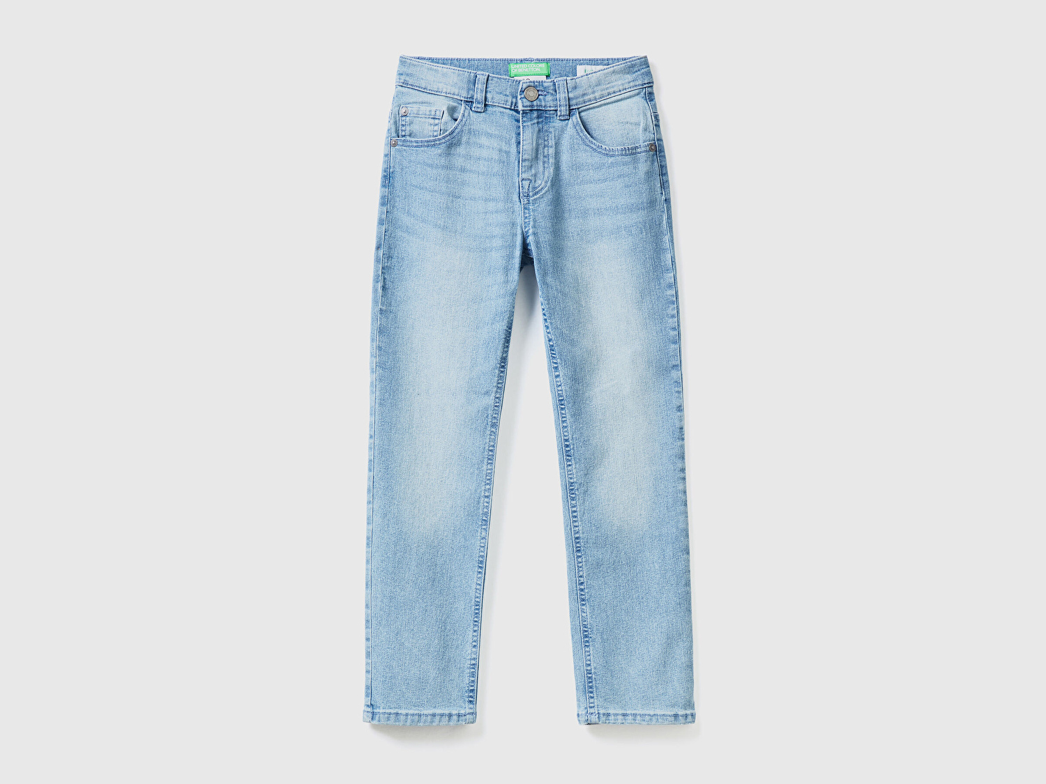 Benetton Erkek Çocuk Açık Mavi Arkası Logo İşlemeli 5 Cepli Kemer Delikli Denim Pantolon