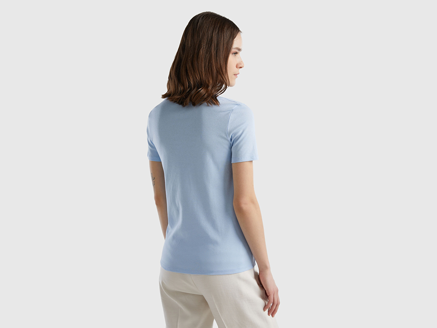 Benetton Kadın Açık Mavi %100 Pamuk V Yaka Basic T-Shirt