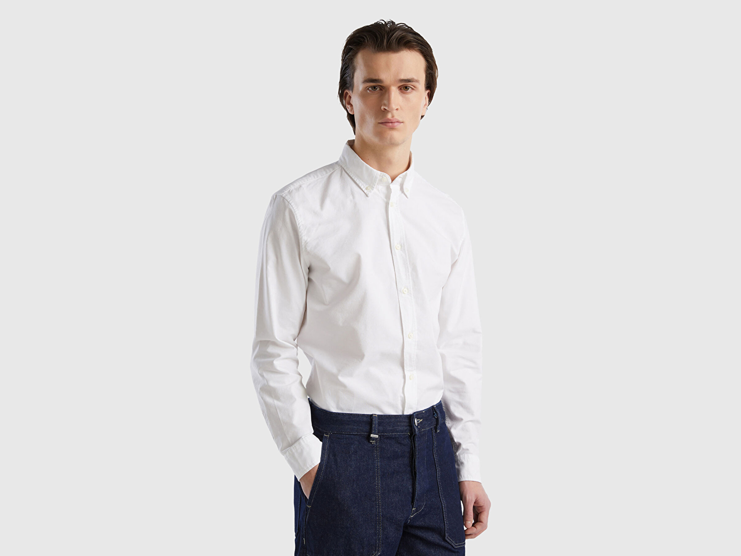 Benetton Erkek Beyaz %100 Pamuk Arkası Robalı Slim Fit Gömlek
