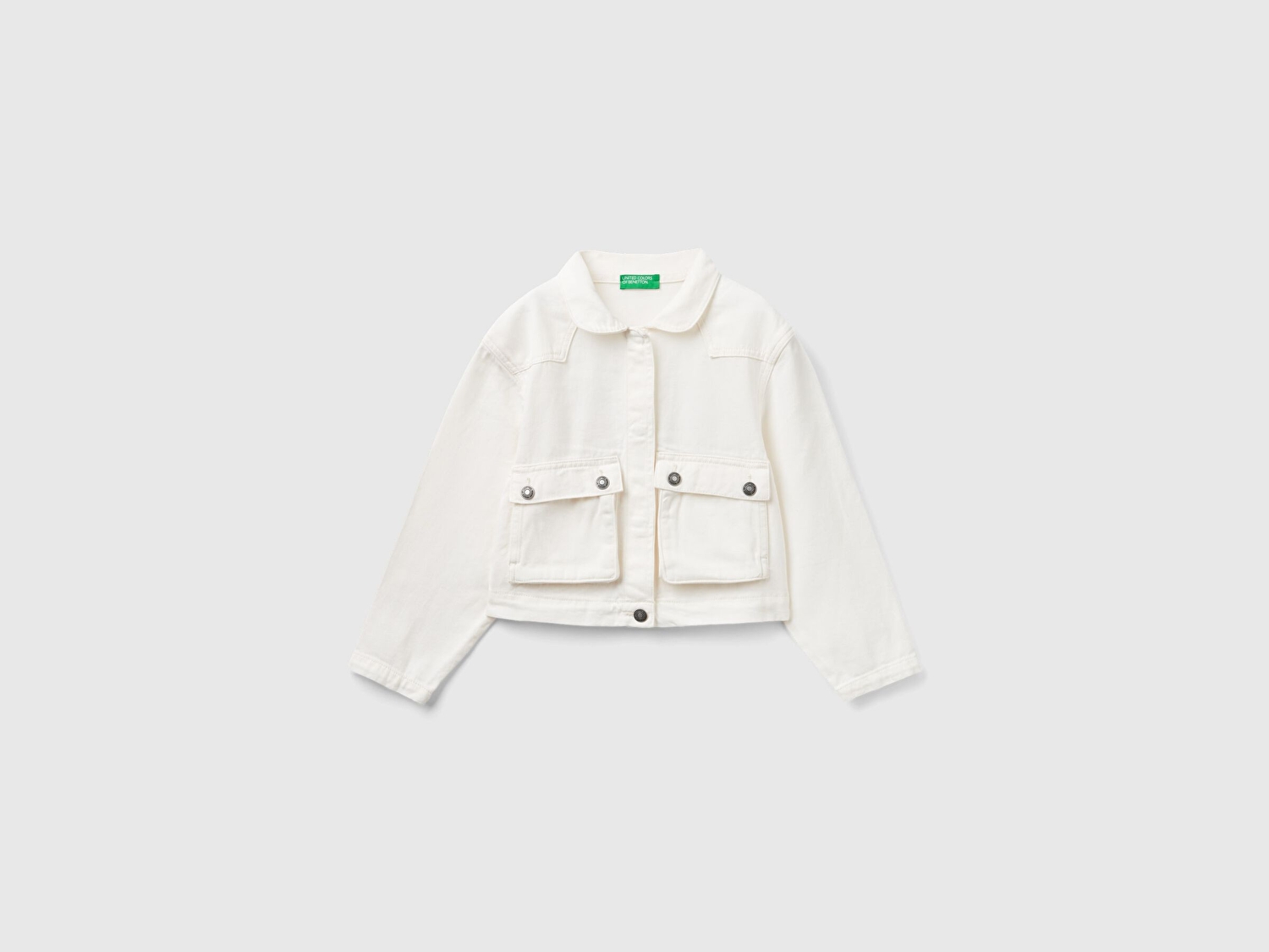Benetton Kız Çocuk Krem Önü Yama Cepli Düğmeli Crop Ceket