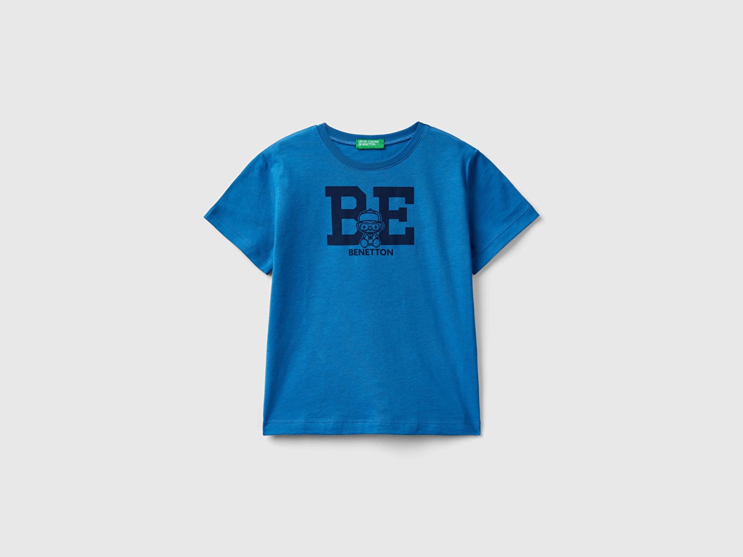Benetton Erkek Çocuk Saks Mavi Logolu Su Baskılı T-Shirt
