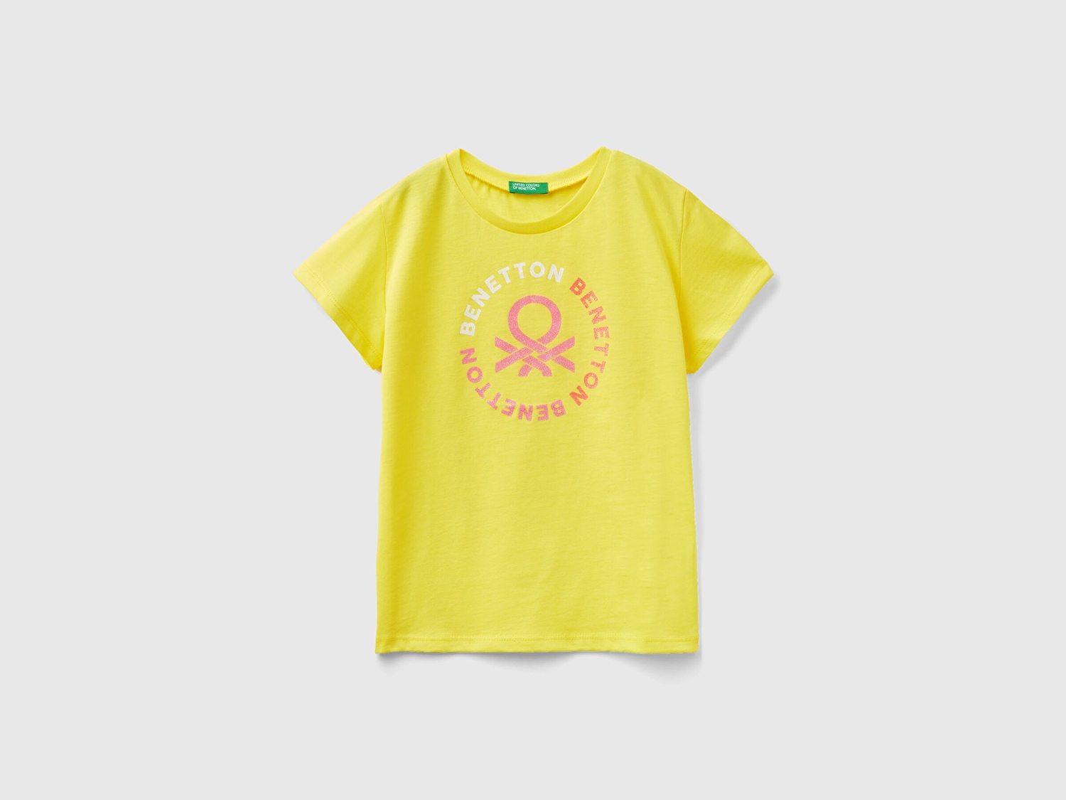 Benetton Kız Çocuk Neon Sarı Simli Benetton Yazılı T-Shirt