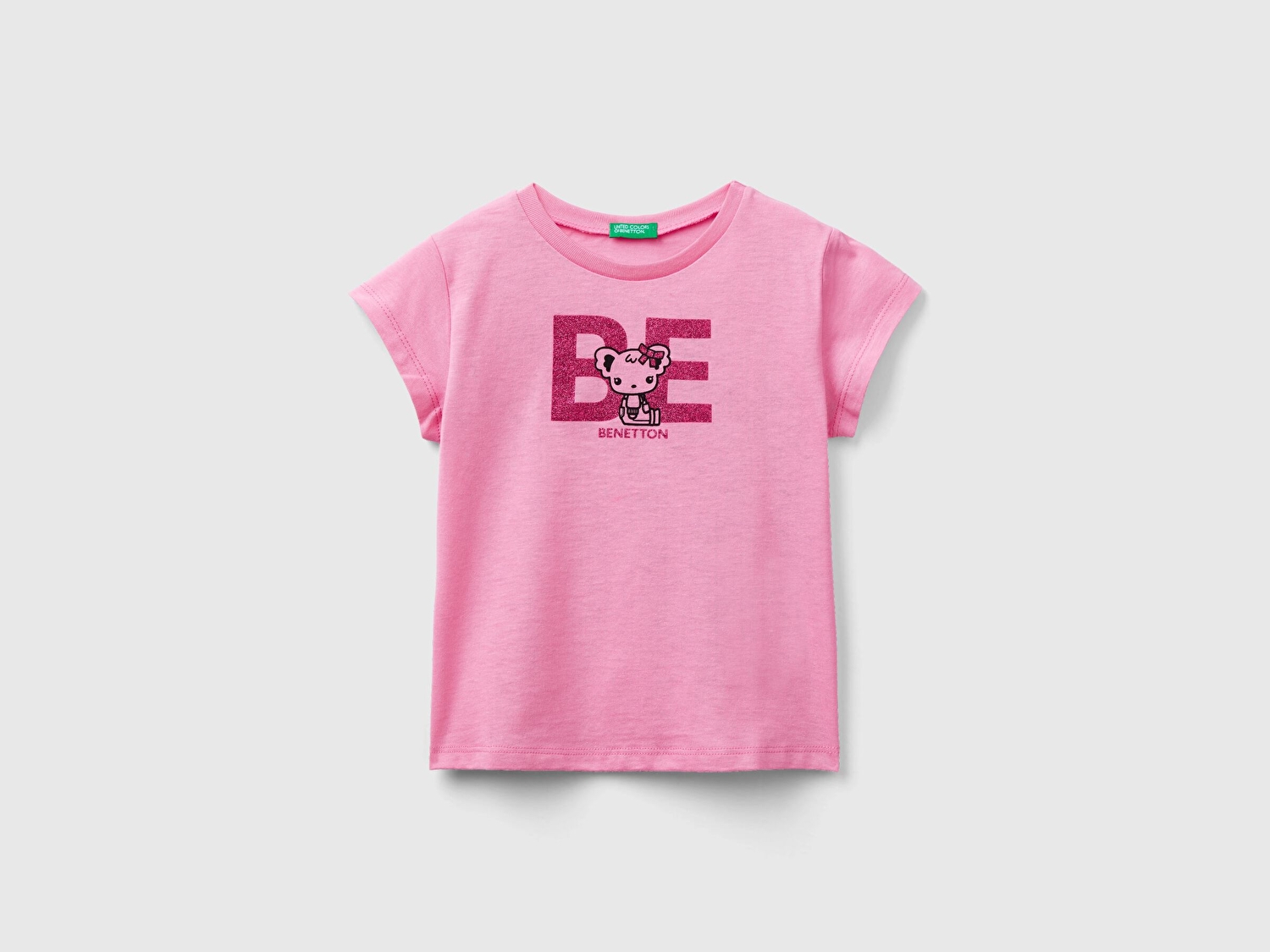 Benetton Kız Çocuk Pembe Simli Logolu T-Shirt