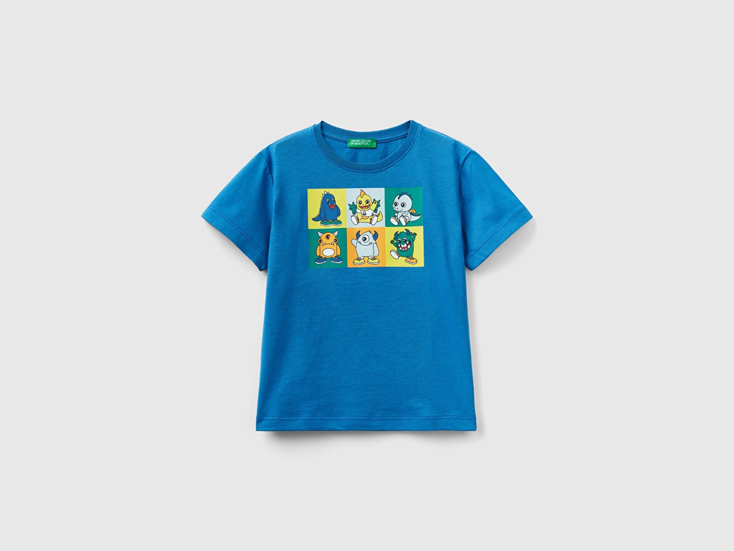 Benetton Erkek Çocuk Saks Mavi Monsters Baskılı Bisiklet Yaka T-Shirt