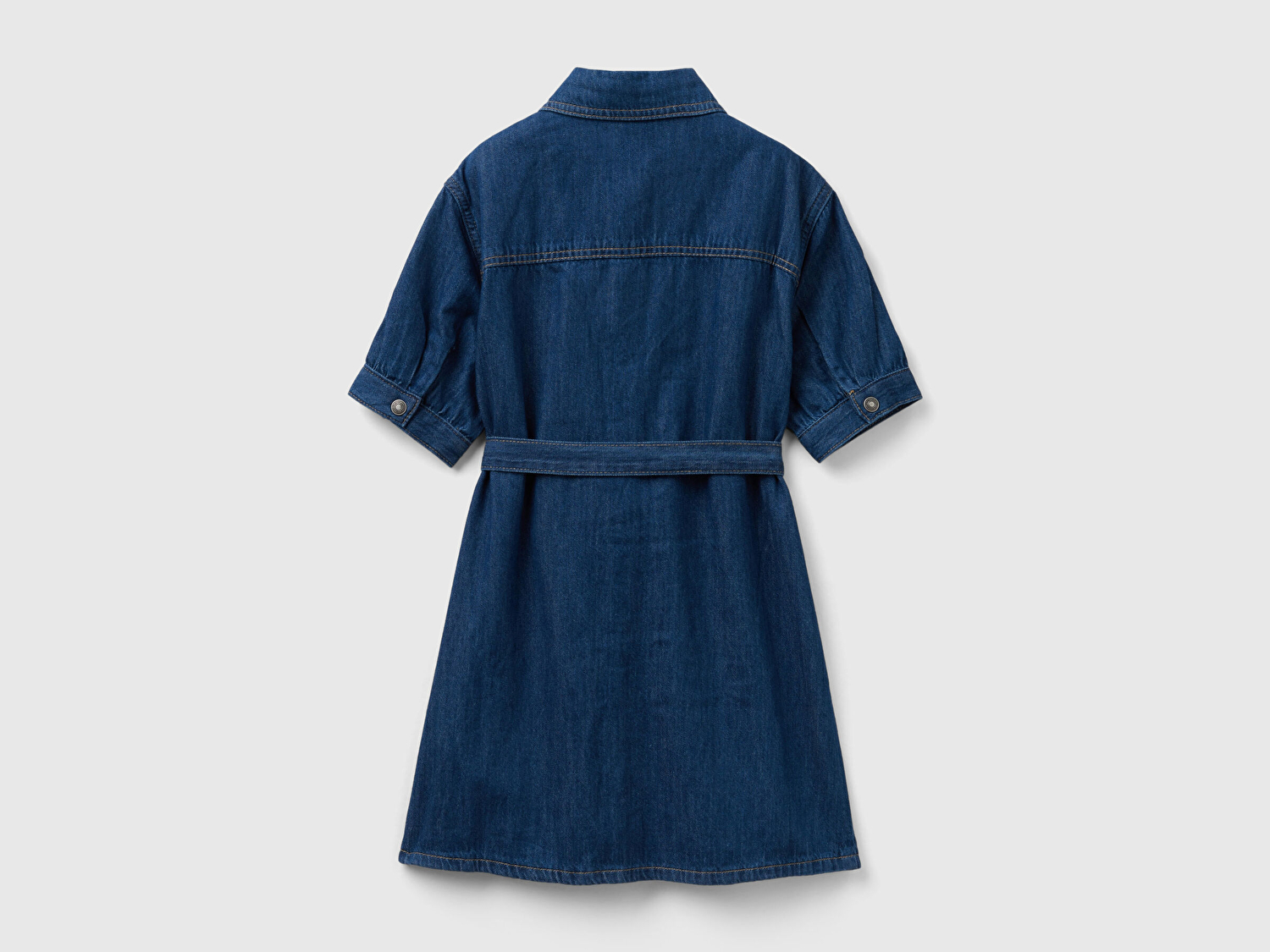 Benetton Kız Çocuk Lacivert Gömlek Yaka Beli Kuşaklı Denim Elbise