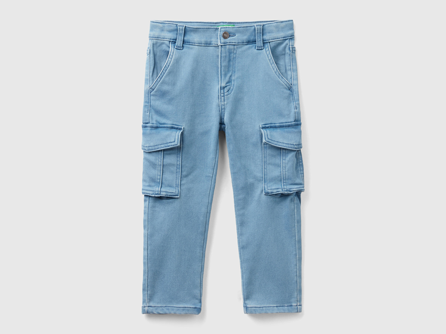 Benetton Erkek Çocuk Mavi Yama Cepli Kemer Delikli Slim Fit Denim Pantolon