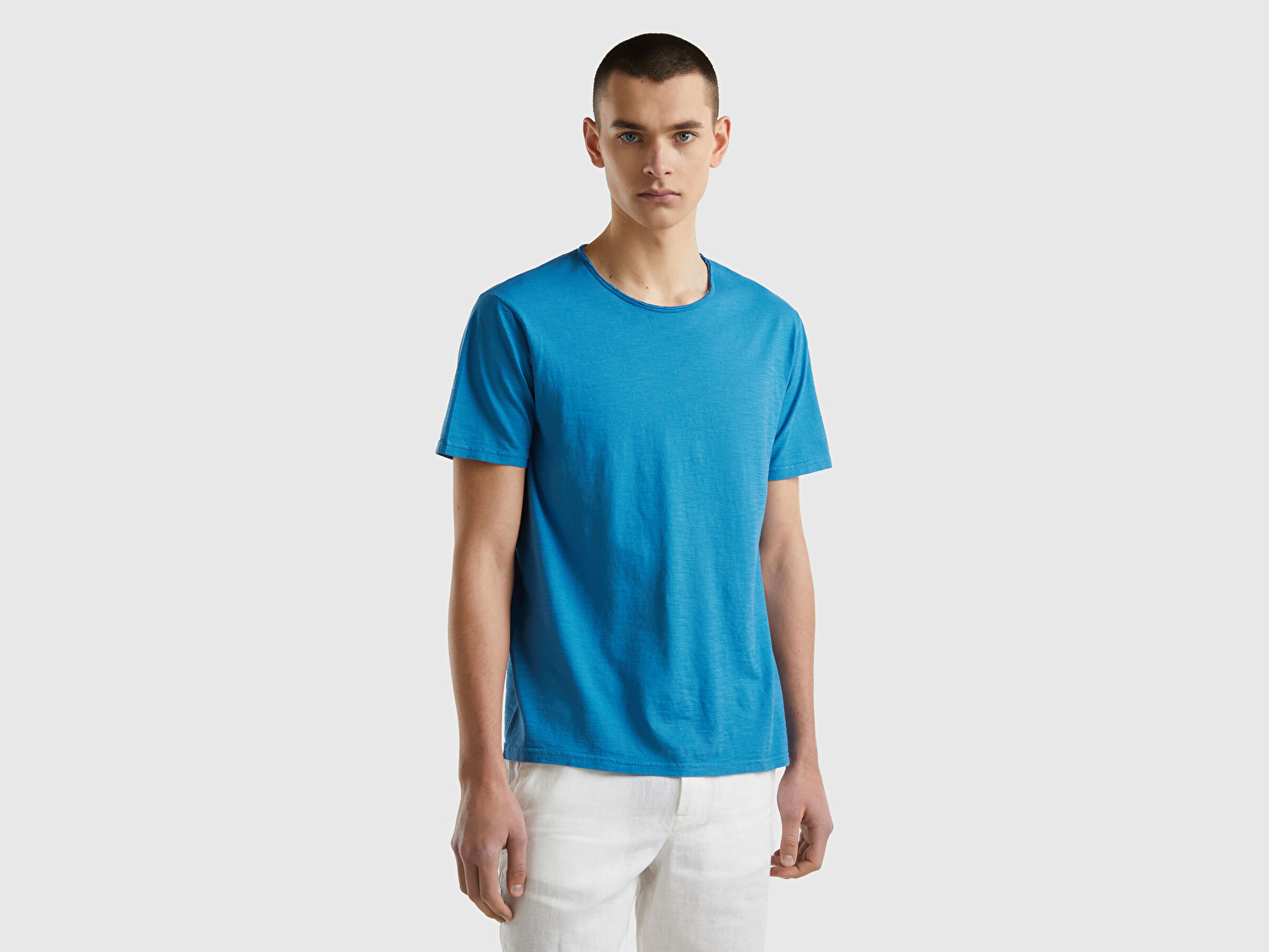 Benetton Erkek Koyu Mavi Bisiklet Yaka Slub T-shirt
