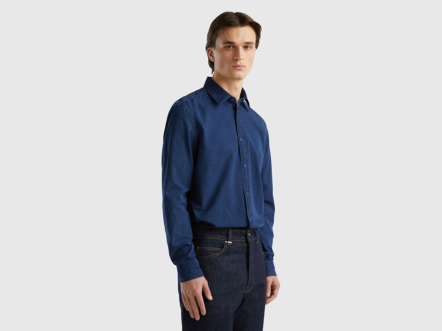 Benetton Erkek İndigo %100 Koton Regular Fit İndigo Denim Gömlek