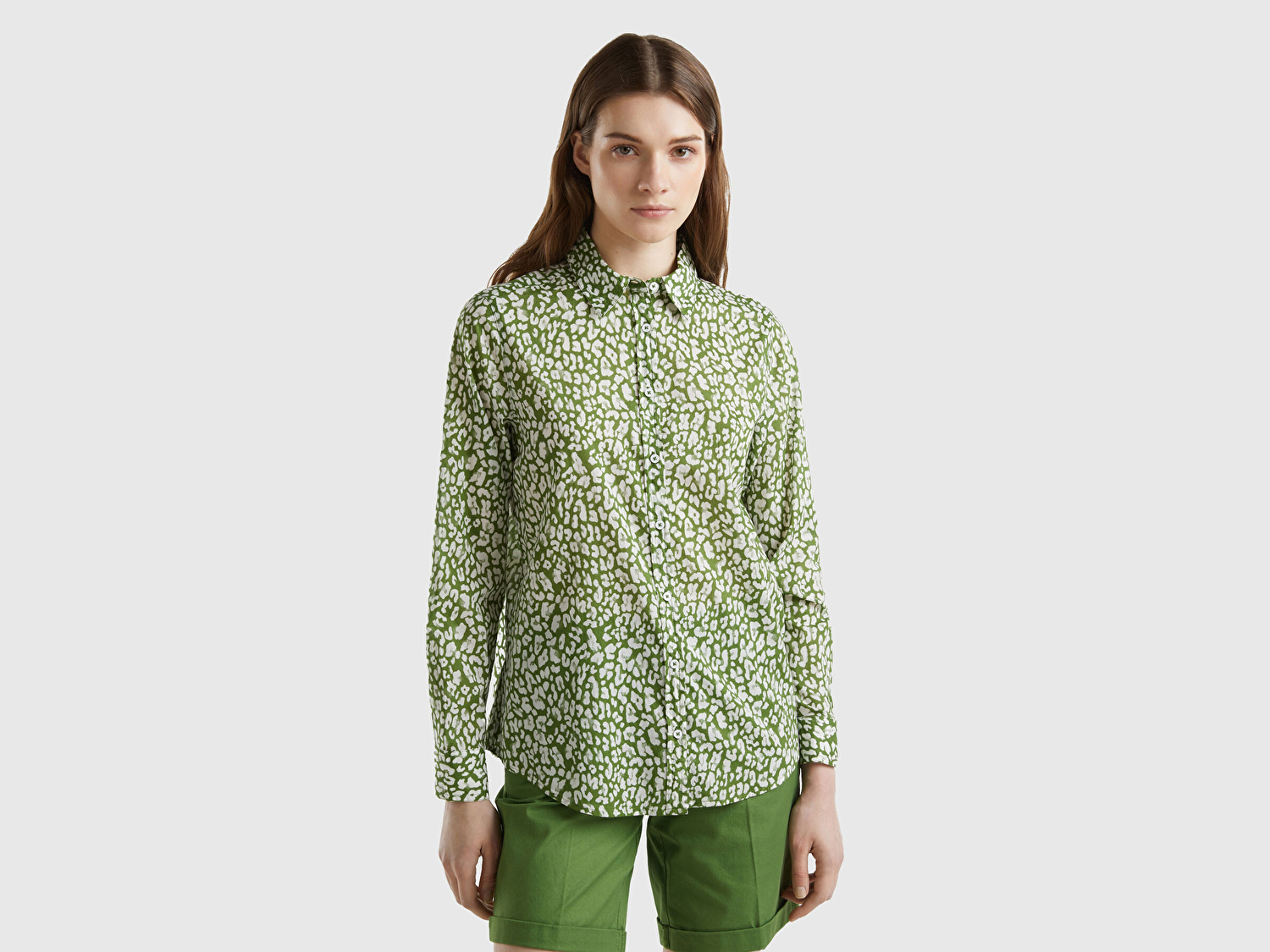 Benetton Kadın Yeşil Mix %100 Koton Desenli Gömlek