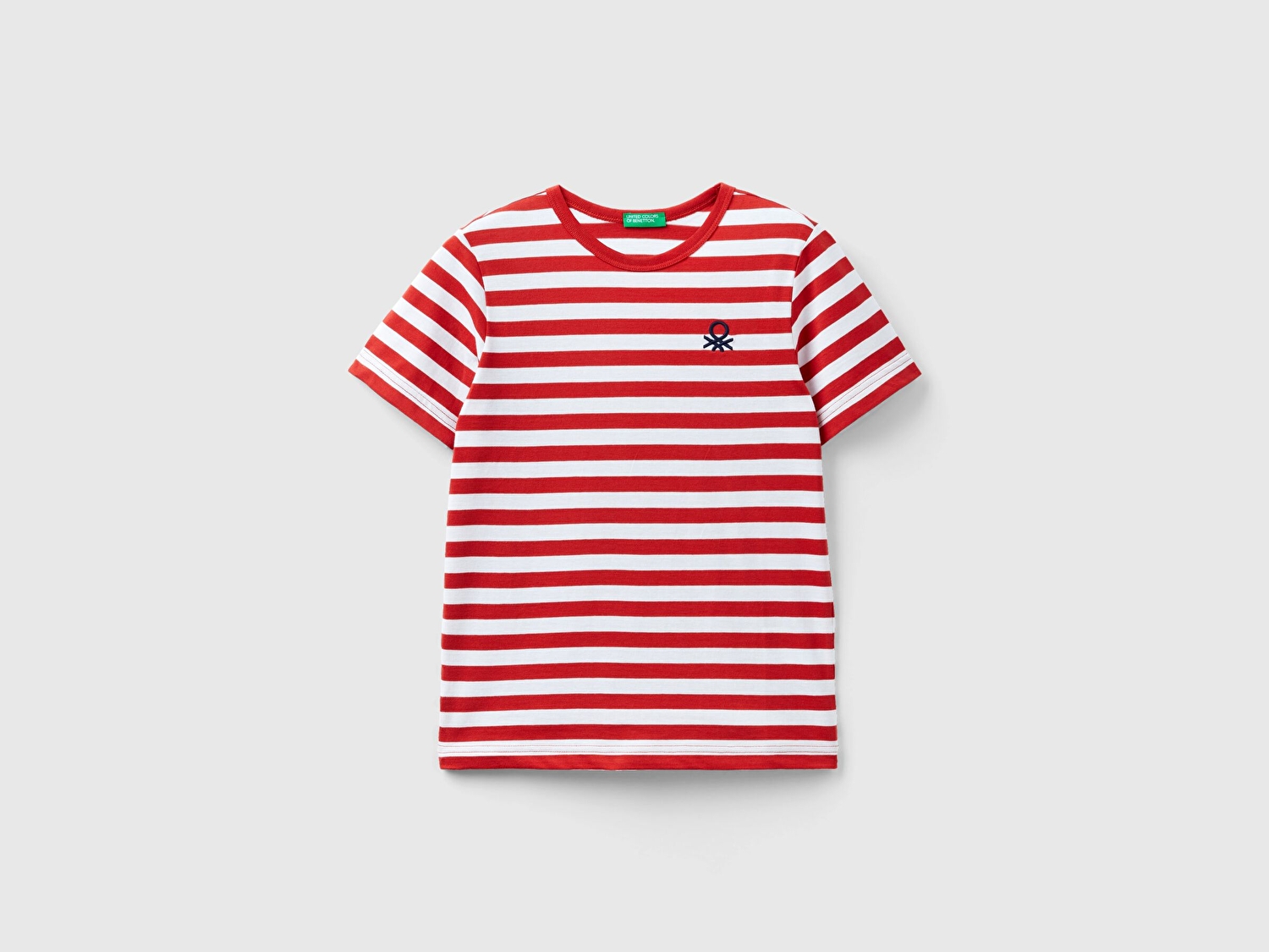 Benetton Erkek Çocuk Kırmızı-Beyaz Logo İşlemeli Yatay Çizgili Bisiklet Yaka T-Shirt
