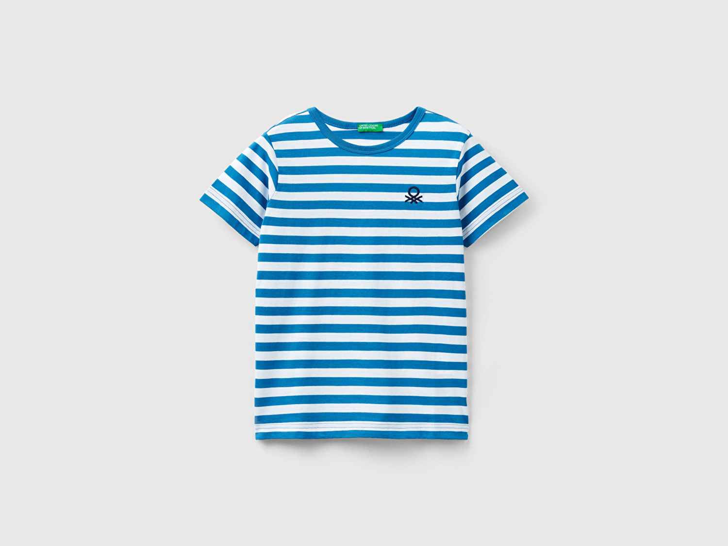 Benetton Erkek Çocuk Mavi-Beyaz Logo İşlemeli Yatay Çizgili Bisiklet Yaka T-Shirt