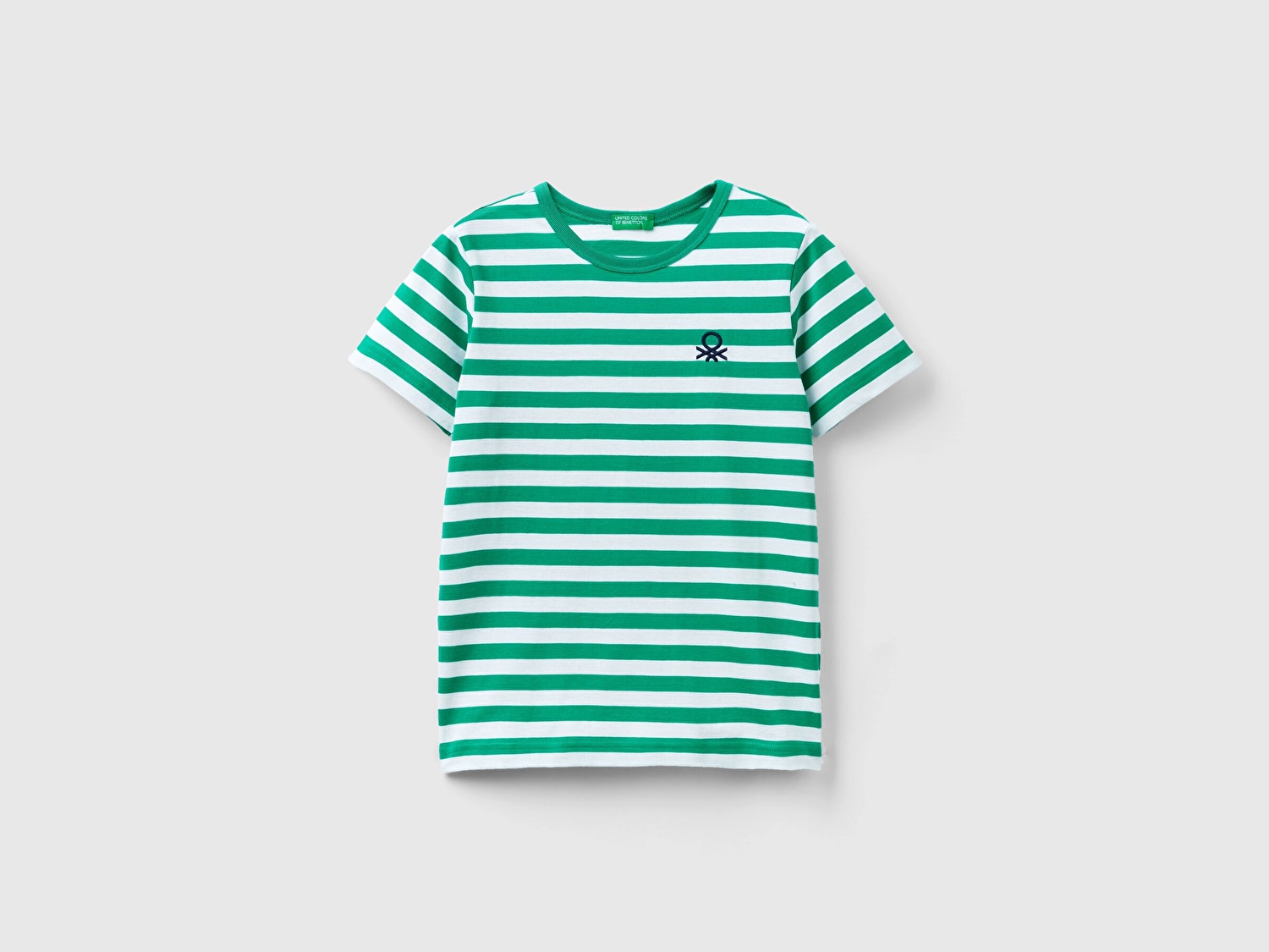 Benetton Erkek Çocuk Yeşil-Beyaz Logo İşlemeli Yatay Çizgili Bisiklet Yaka T-Shirt